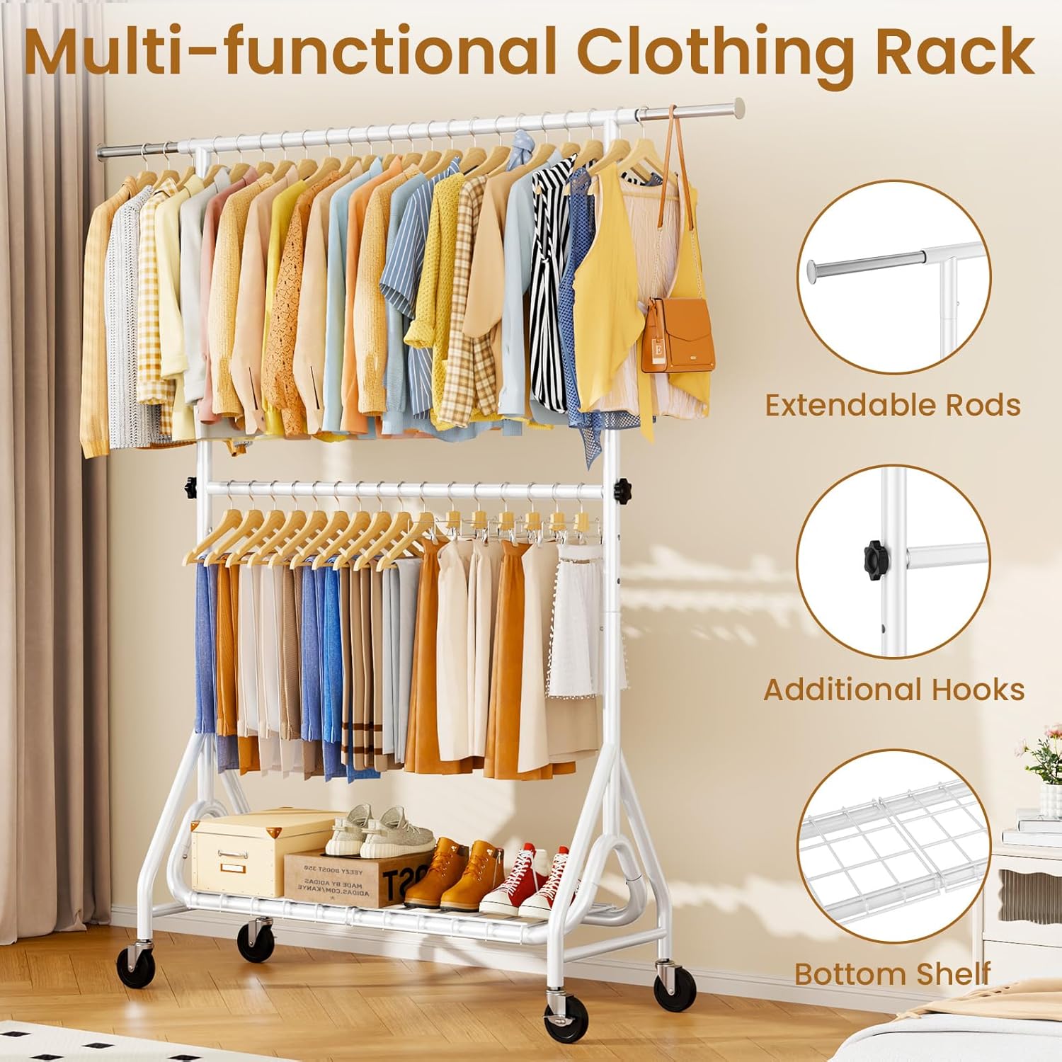 Double Rods Clothing Rack, Heavy Duty Clothes Rack for Hanging Clothes Load 560LBS, Metal Rolling Garment Racks with Wheels, Freestanding Clothes Hanging Racks, White - Lumora Desk