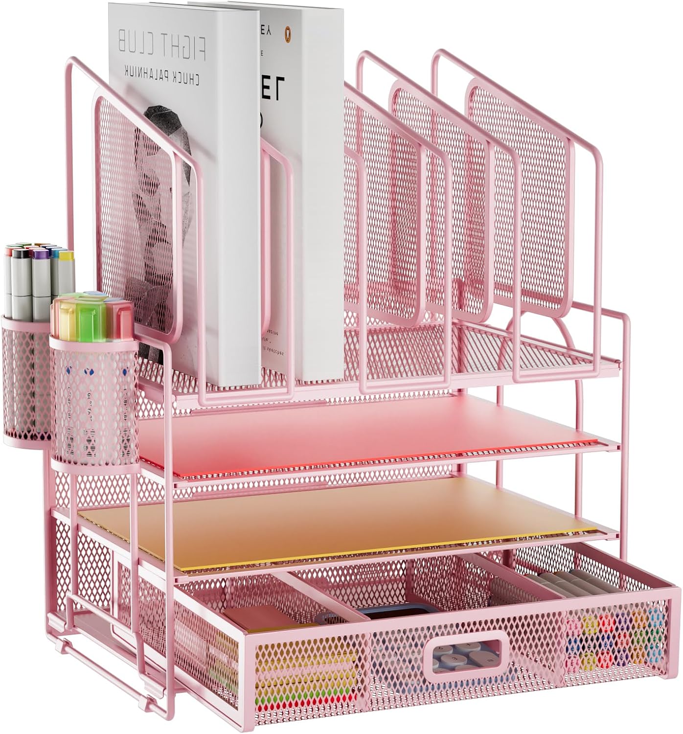 Marbrasse Desk Organizers, 4-Tier Mesh Desk File Organizer with 5 Vertical File Holders and 2 Pen Holders, Multifunction Desktop Organizer,Desk Organizers and Accessories for Home Office (Pink)