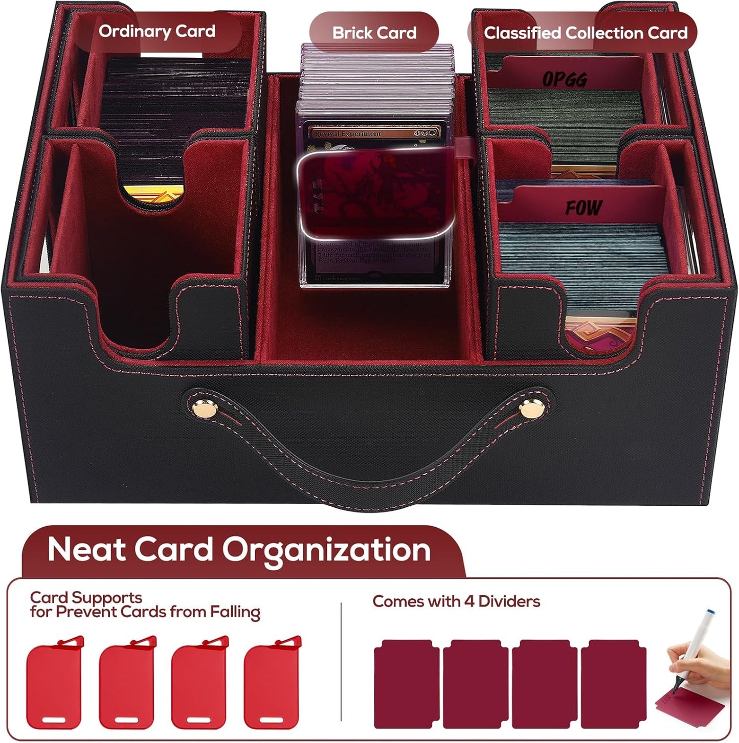 Trading Card Storage Box for MTG, card storage box with Commander Display，Multi-purpose Deck Case for MTG TCG Sports Card, 4 Toploaders, 4 Stoppers, 4 Colorful Dividers (Black & Red)