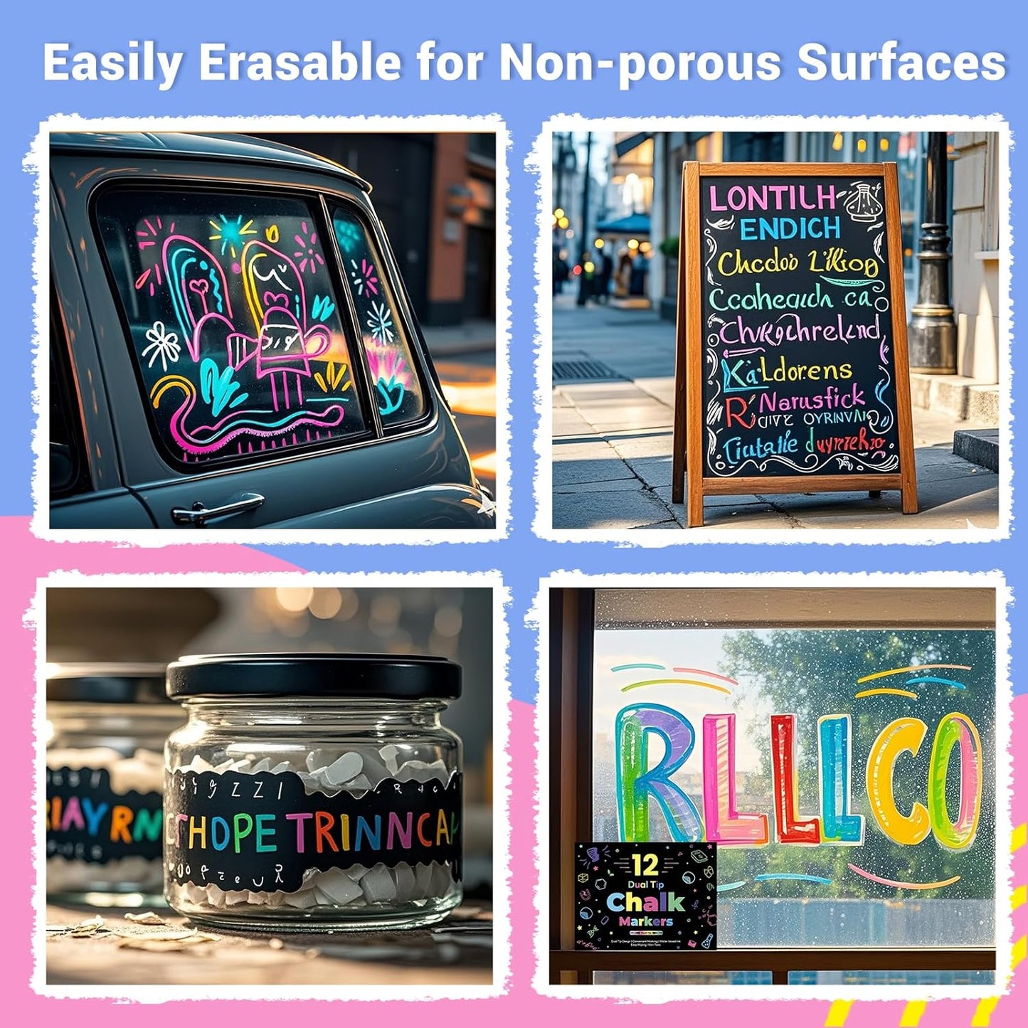 12 Dual Tip Liquid Chalk Markers - Erasable Chalk Markers for Blackboard, Chalkboard Signs, Glass, Chalk Pens Wet Erase Makers for Bar Menu, Shcool,Wedding Sign, Just Married Car Windows Decorations