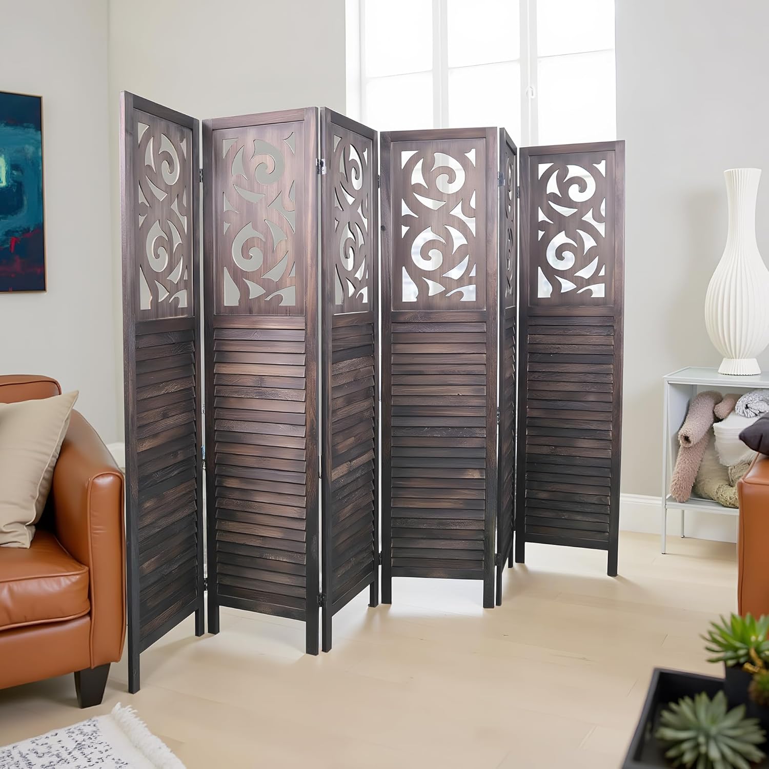 NicBex 6 Panel Room Divider,5.6FT Wood Carved Room Dividers,Folding Privacy Screens Portable Freestanding Partition Wall Dividers for Room Separation,Home Bedroom Office,Rustic Brown - Lumora Desk