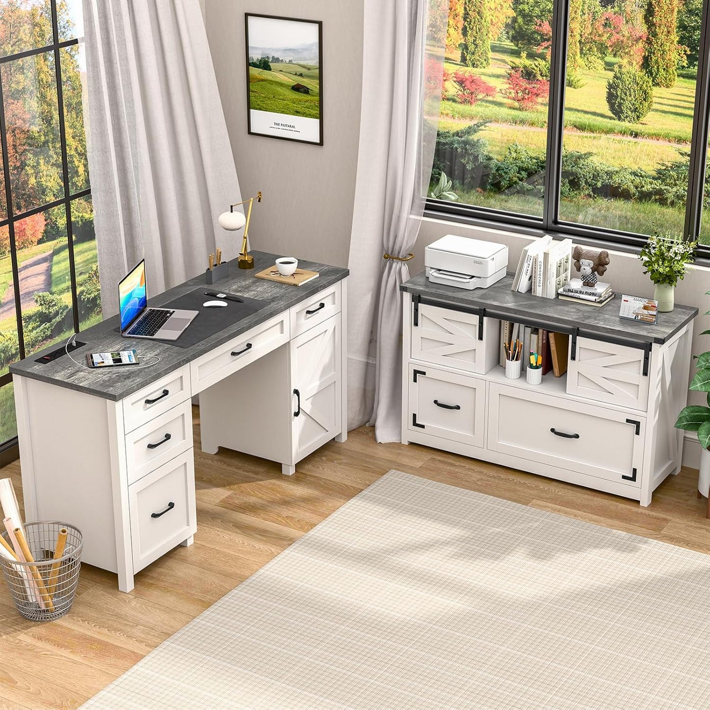 Lateral File Cabinets 2 Drawer with Sliding Barn Doors, Farmhouse Filing Cabinet with 2 Drawer for Home Office，Filing Organization Storage Cabinets for Hanging Files Letter/Legal/F4/A4.(Dark Grey.)