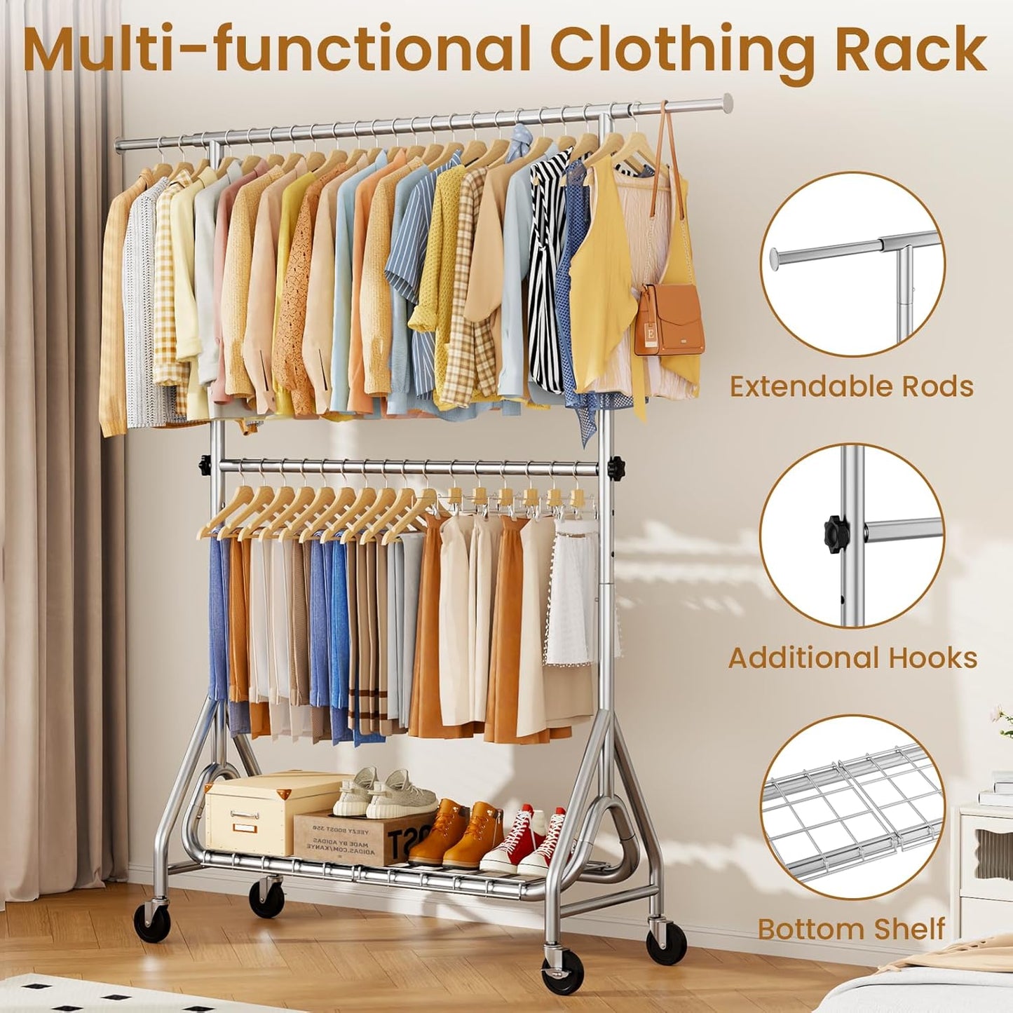 Double Rods Clothing Rack, Heavy Duty Clothes Rack for Hanging Clothes Load 560LBS, Metal Rolling Garment Racks with Wheels, Freestanding Clothes Hanging Racks, Silver - Lumora Desk