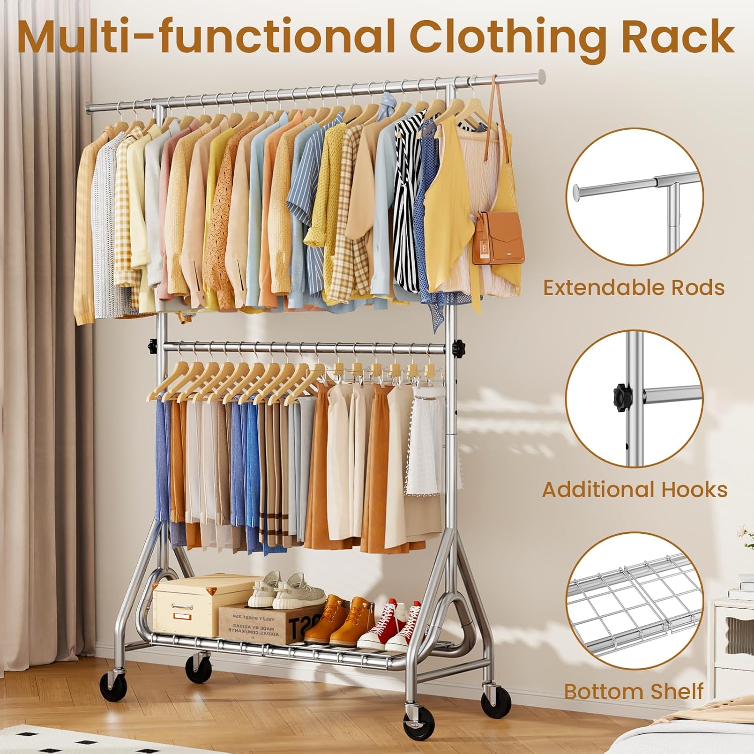 Double Rods Clothing Rack, Heavy Duty Clothes Rack for Hanging Clothes Load 560LBS, Metal Rolling Garment Racks with Wheels, Freestanding Clothes Hanging Racks, Silver - Lumora Desk