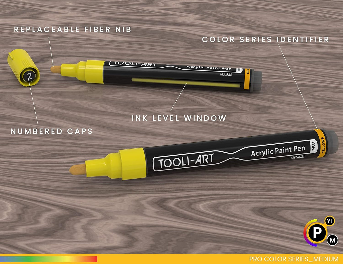 TOOLI-ART 22 Acrylic Paint Markers Paint Pens Pro Color Series Set 3mm Medium Tip for Rock Painting, Glass, Mugs, Wood, Metal, Glass Paint, Canvas, DIY. Non Toxic, Waterbased, Quick Drying (YELLOWS)