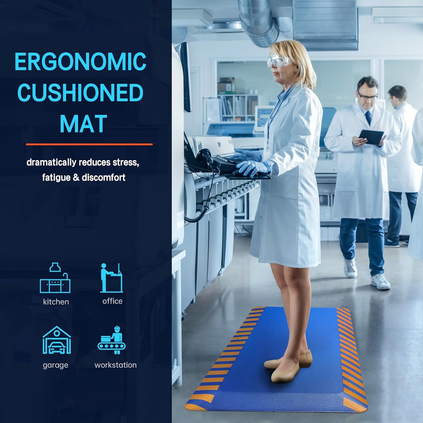 FEATOL Anti Fatigue Mat Industrial, Ergonomic Standing Floor Mat for Work for Stand, Blue with Yellow Border Safety 20" x 59"-Support for Leg & Back Pain