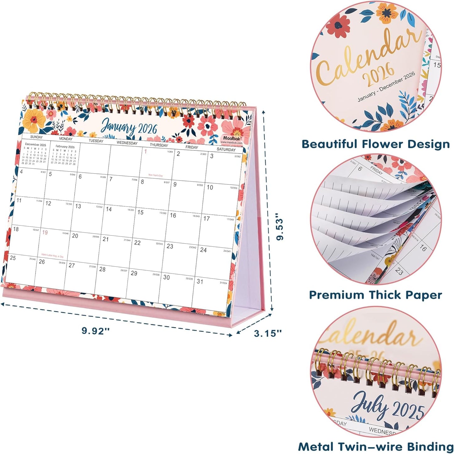 2026 Desk Calendar - Jan. 2026 – Dec. 2026, Standing Flip Calendar 2026, 12 Months Desktop Calendar, 10" x 8.3", Thick Paper, Strong Binding, Stand Up, with Memo Pages ＆ Blank Blocks