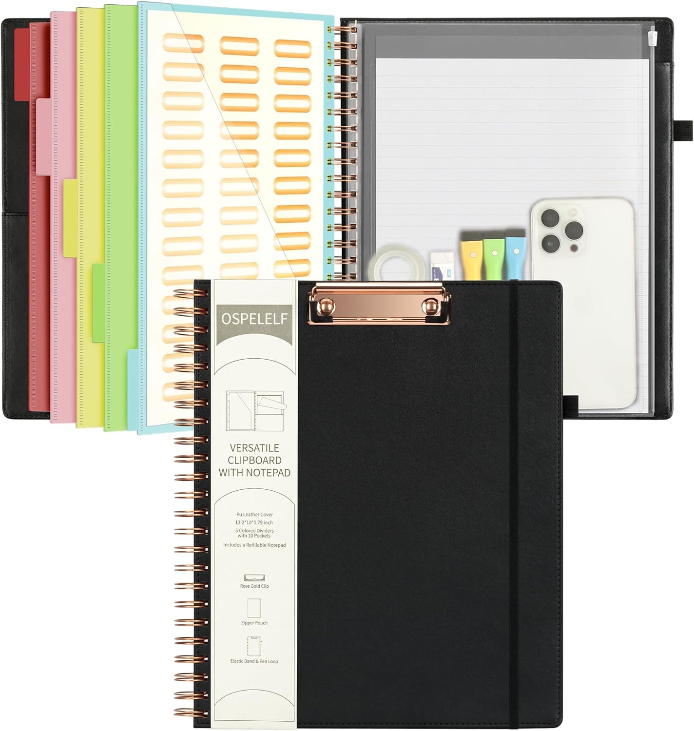 Ospelelf Leather Clipboard Folio with Notepad for Letter Size, Spiral Clipboard Folder with Storage Zipper Pouch, 5 Folders with 10 Pockets, 39 Divider Label Stickers, Pen Loop Series (Black)