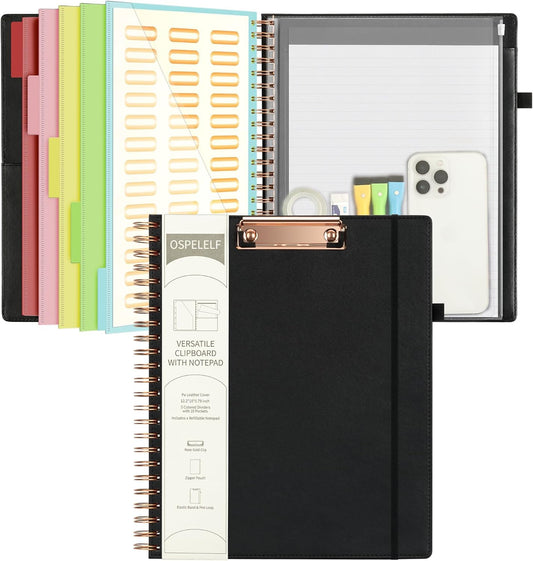 Ospelelf Leather Clipboard Folio with Notepad for Letter Size, Spiral Clipboard Folder with Storage Zipper Pouch, 5 Folders with 10 Pockets, 39 Divider Label Stickers, Pen Loop Series (Black)