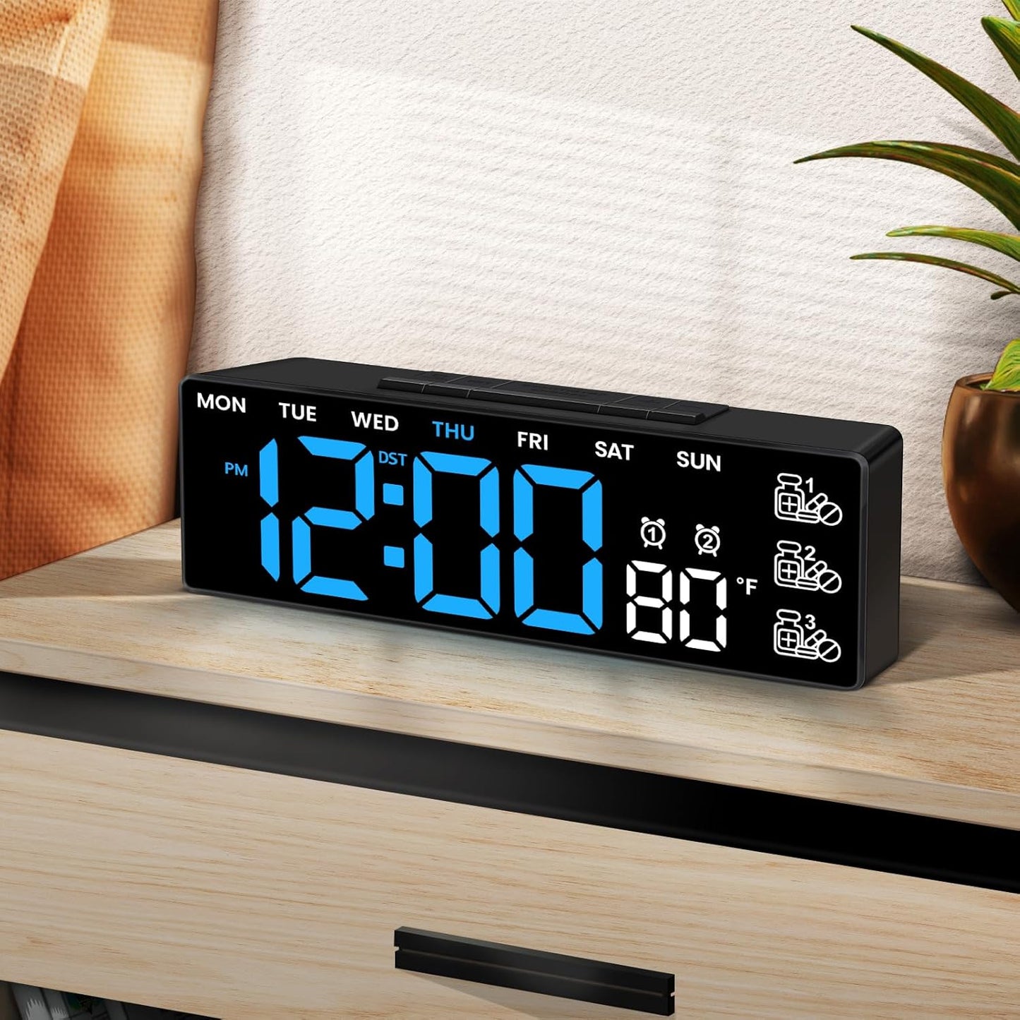 7" Digital Clock - Large LED Display with 3 Medication Reminders, Modern Tabletop Day Calendar Clock with Temperature for Seniors, Desktop Decor for Bedroom Office Home Blue