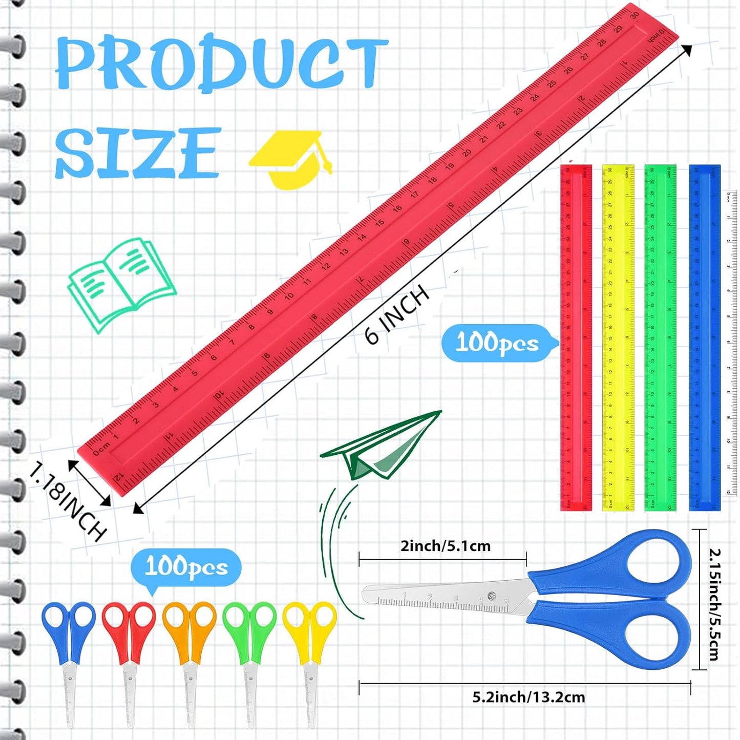 PerKoop 200 Pcs School Supplies with 100 Pcs Safety Blunt Tip Student Scissors 100 Pcs 12 Inch Plastic Rulers Back to School Supply Kit for Operation Christmas Charity Donation Supplies (Vivid Color)
