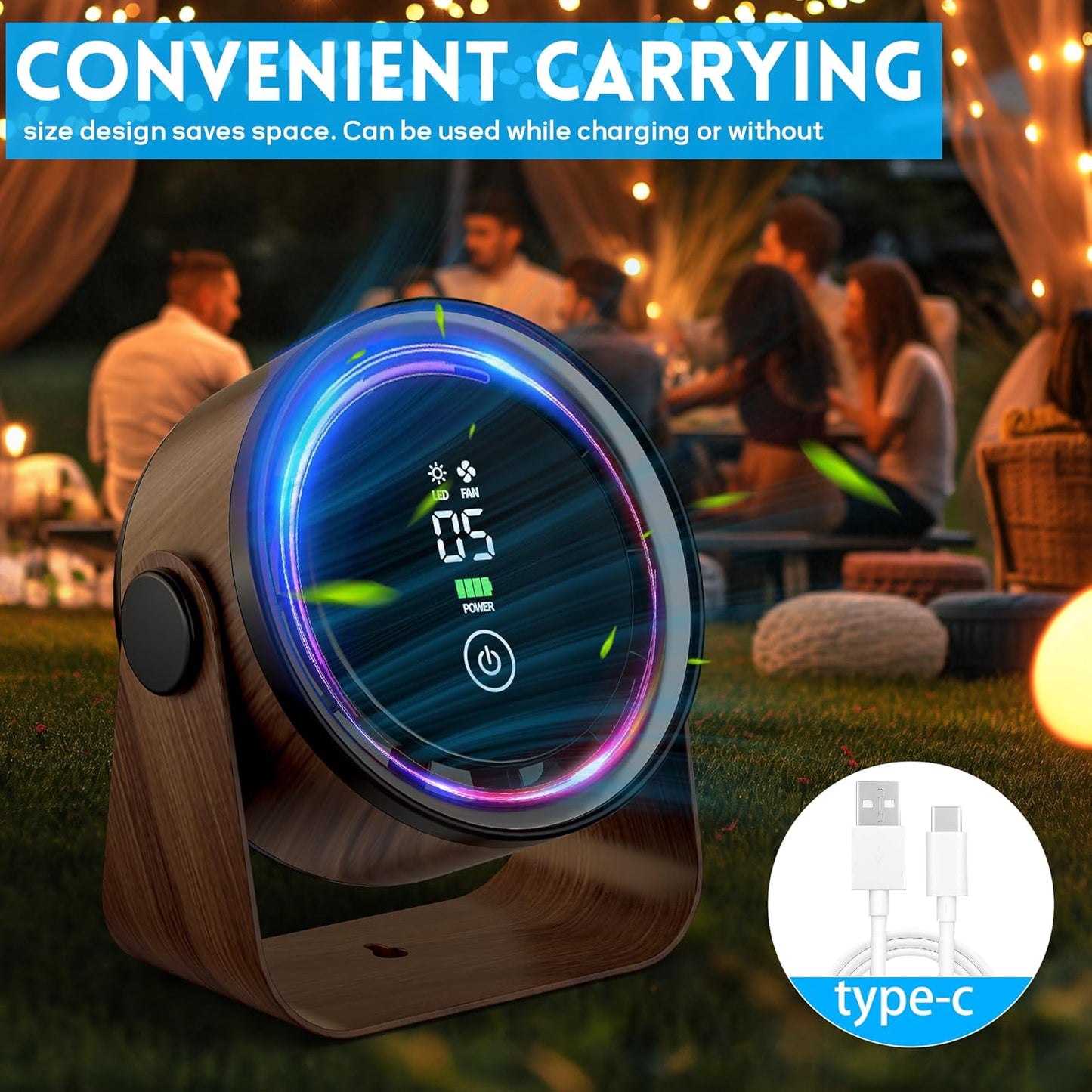 Small Desk Fan 5000mAh Rechargeable Battery Powered- Retro Low Noise Quiet Portable Gentle Blowing with LED Night Light Office Bedroom Table Top Wall Hanging Kitchen Camping Dorm 5-Speed 360° Rotation
