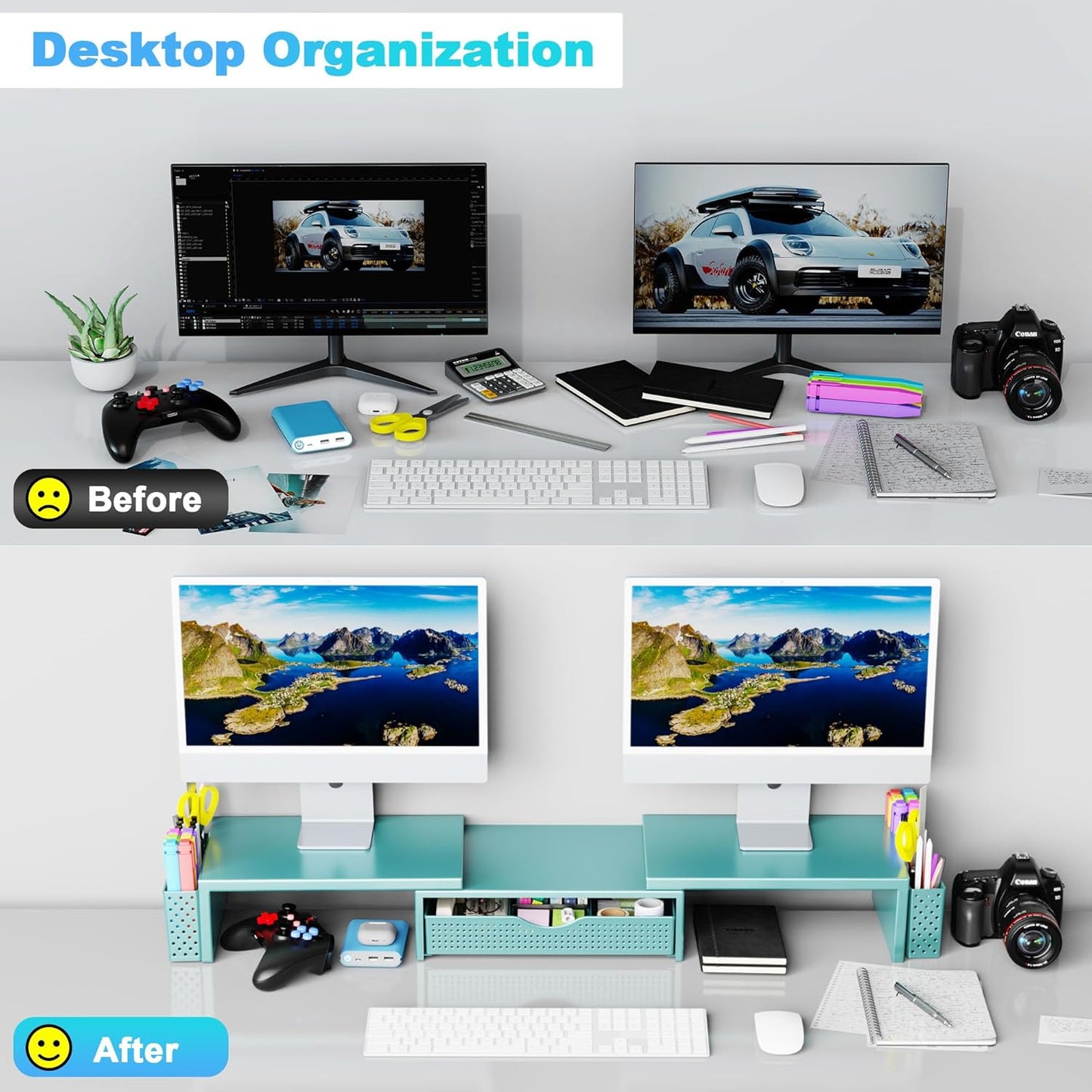 Spacrea Metal Desk Organizers and Accessories, Dual Monitor Stand Riser with Drawer and 2 Pen Holders, Desk Accessories & Workspace Desktop Organizers for Office Supplies (Blue)