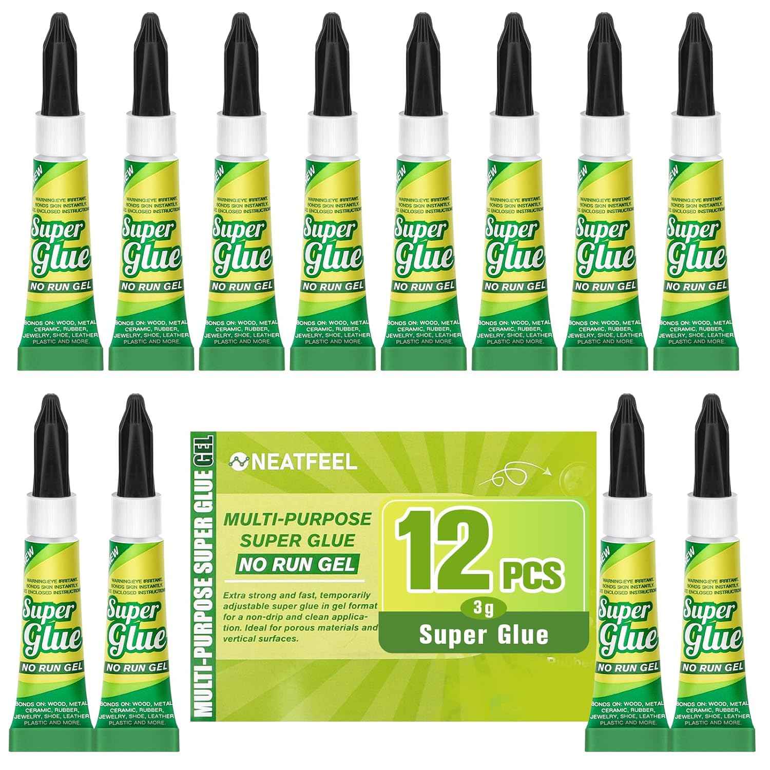Super Glue Gel Clear 3 Gram (Pack of 12) for Plastic Metal & Wood – Instant CA Adhesive All Purpose Multipack, Cyanoacrylate Glue for Ceramic 3D Printing Shoe Crafts, Strong Bonding Single Use Minis
