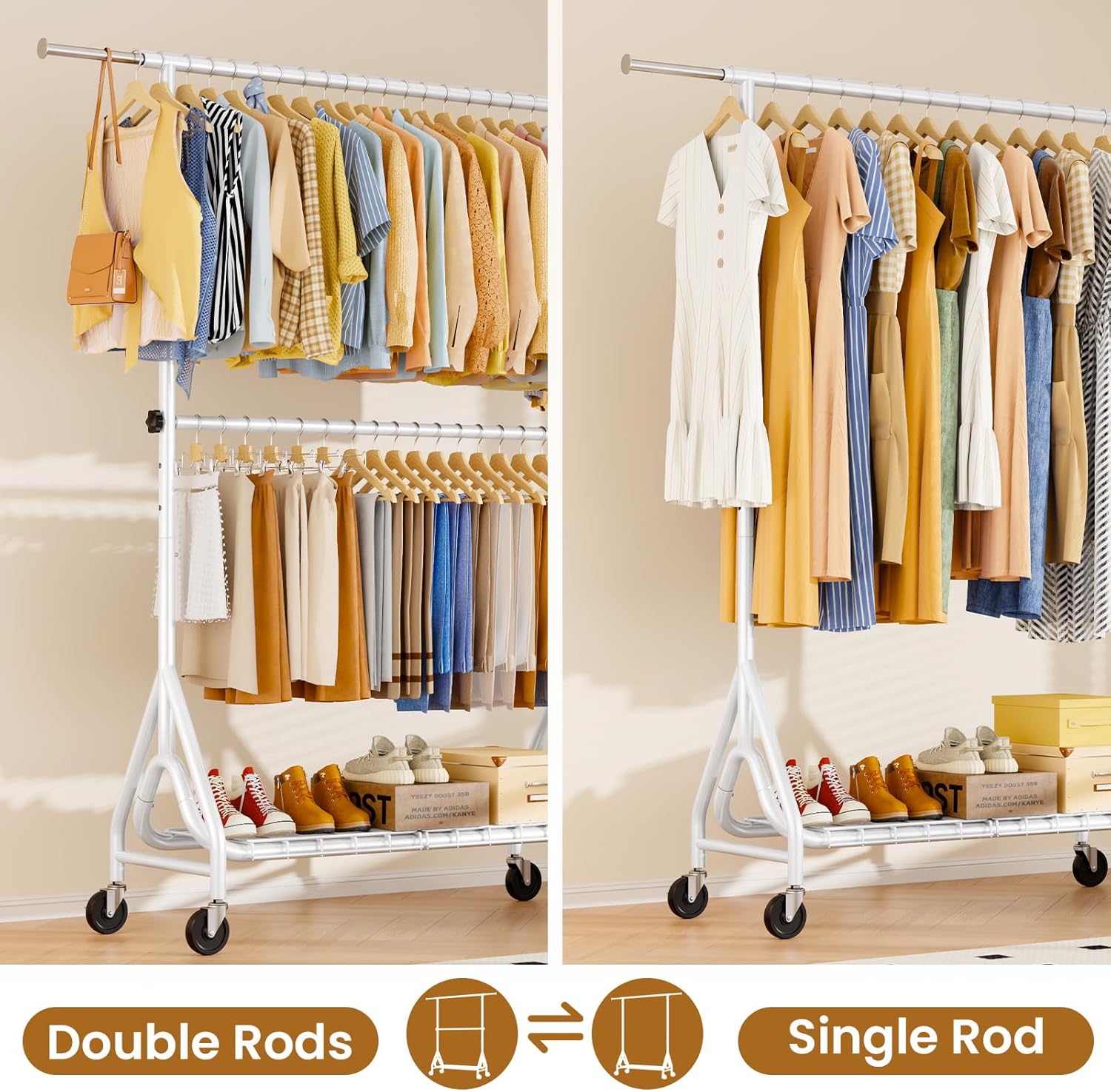 Double Rods Clothing Rack, Heavy Duty Clothes Rack for Hanging Clothes Load 560LBS, Metal Rolling Garment Racks with Wheels, Freestanding Clothes Hanging Racks, White - Lumora Desk
