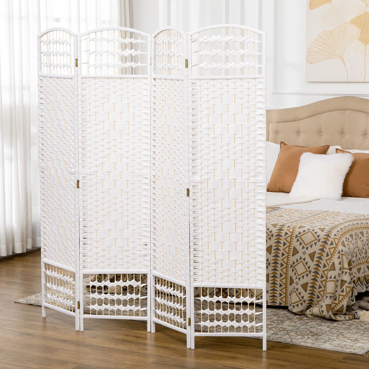 NicBex Room Divider 4 Panel Room Dividers with Woven Paper Design Partition Room Dividers and Folding Privacy Screens 5.6 FT Wall Divider for Office, Room Separation,63.6" W x 0.5" D x 67" H, White - Lumora Desk