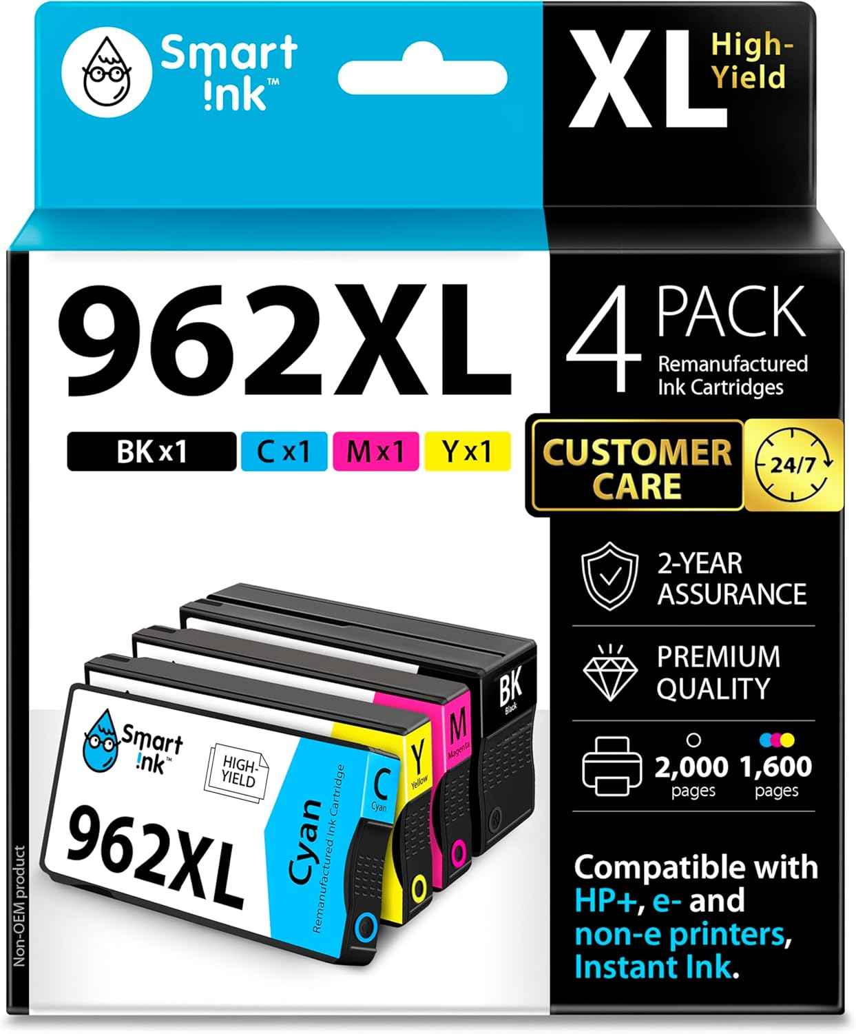 Smart Ink Remanufactured Ink Cartridges Replacement for HP 962XL 962 XL Combo Pack (962XL Black, Cyan, Magenta, Yellow) to use with OfficeJet Pro 9015e 9018e 9025e 9012e 9015 9010 9012 9018 9020 9025
