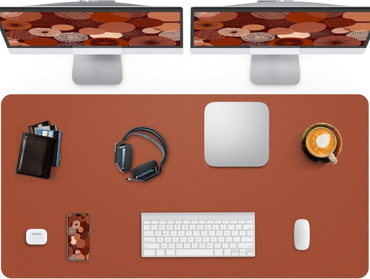 Large Desk Pad Mat - Waterproof Mouse Pad & Desk Protector, Non-Slip XL PU Leather Gaming Mat for Keyboard/Mouse, Stitched Edge with Ergonomic Support, 47"x17" (Brown)