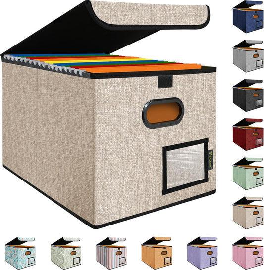 BALEINE File Organizer Box with Lid, Collapsible File Folder Organizer with Plastic Slide, Hanging File Folder Box for Office Document Storage (1 Pack, Beige)