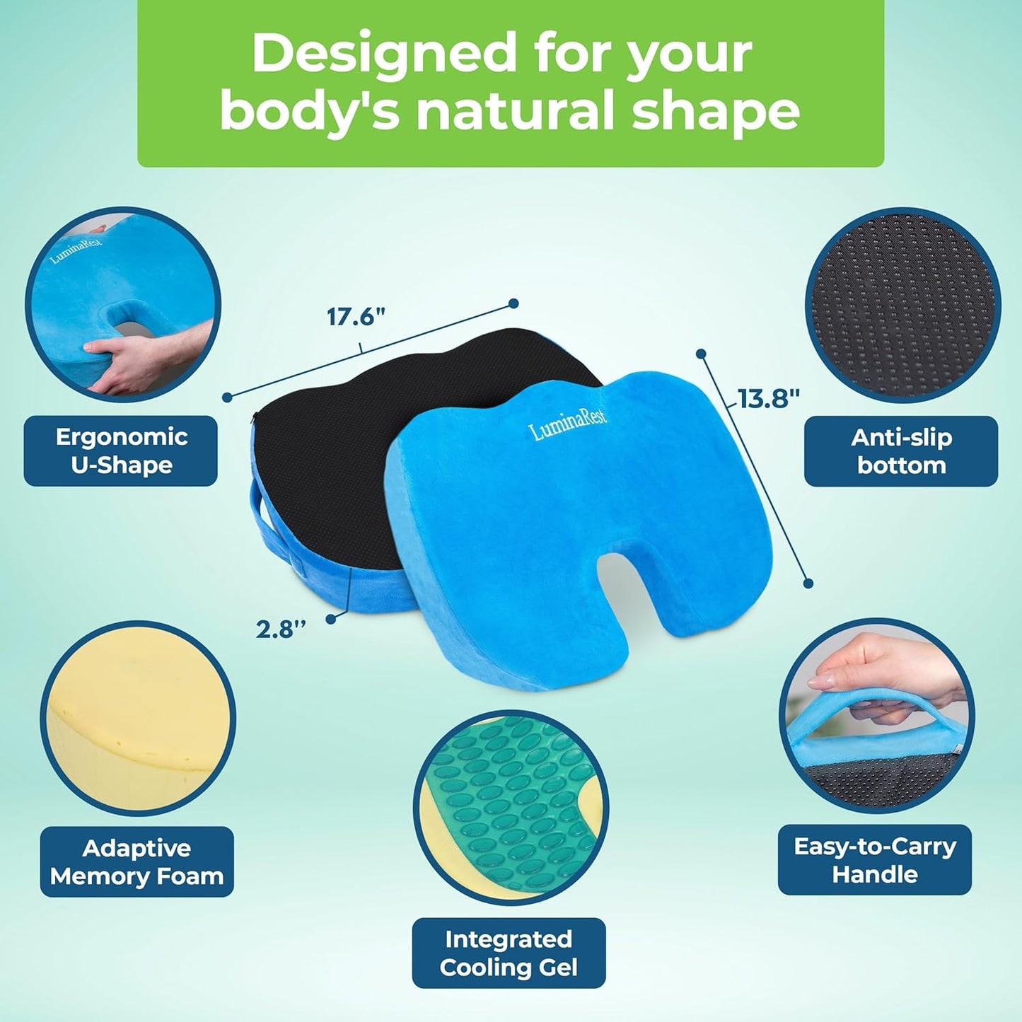 LuminaRest® Gel Enhanced Seat Cushion for Long Sitting – CertiPUR-US® Certified Memory Foam – Tailbone Pain Relief Cushion, Adaptable for Office, Car, Airplane & Wheelchair – (Blue)