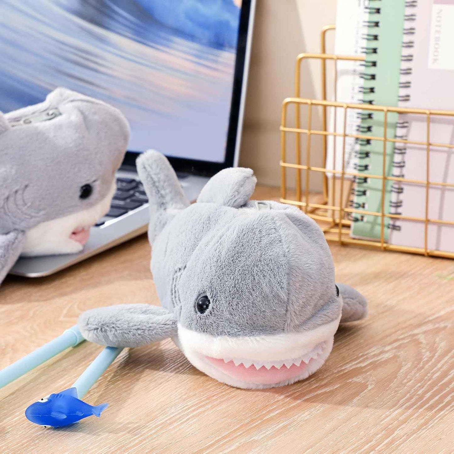 3 Pcs Grey Shark Pencil Pouch for Kids 3D Plush Animal Pencil Case with 2 Fun Pencils & 1 Soft Stationery Bag Ideal Birthday Gift for Boys and Girls, Back to School Supplies