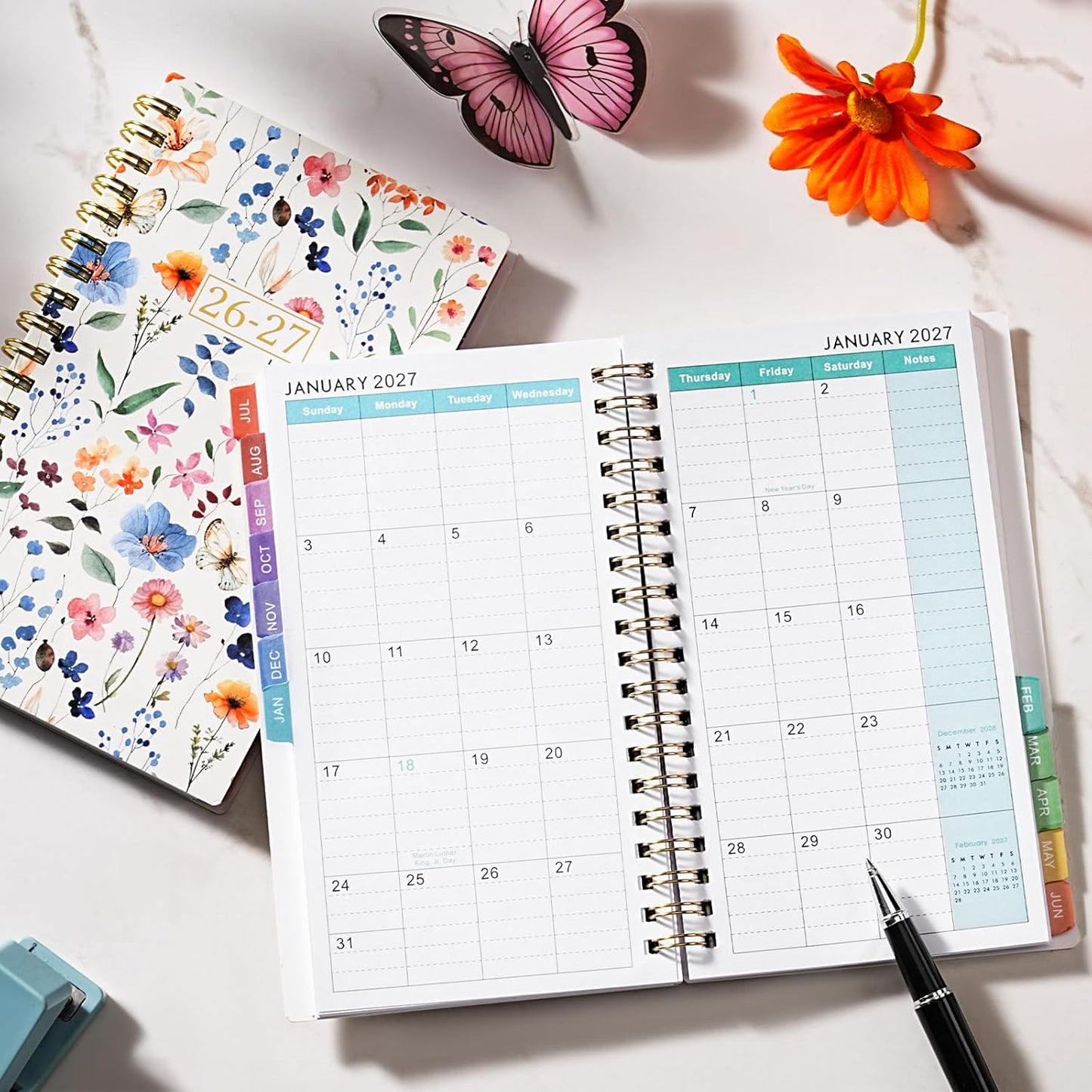 Pocket Planner 2026-2027 - Pocket Calendar 2026-2027 for Purse, JULY 2026 - JUNE 2027, 6.77” x 4.13”, Weekly and Monthly Planner with Colorful Tabs, Double-side Back Pocket, Holidays - Wildflowers