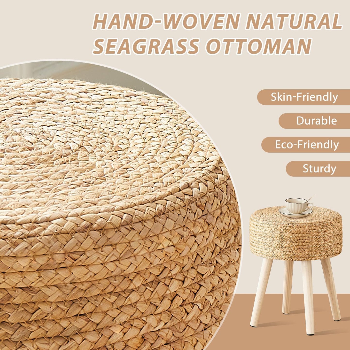 Cpintltr Round Ottoman Footstool Foot Stool Pouf Ottomans with Solid Wood Legs Hand Weave Hyacinth Footrest Step Stool for Living Room Balcony Garden Natural Hyacinth Seagrass