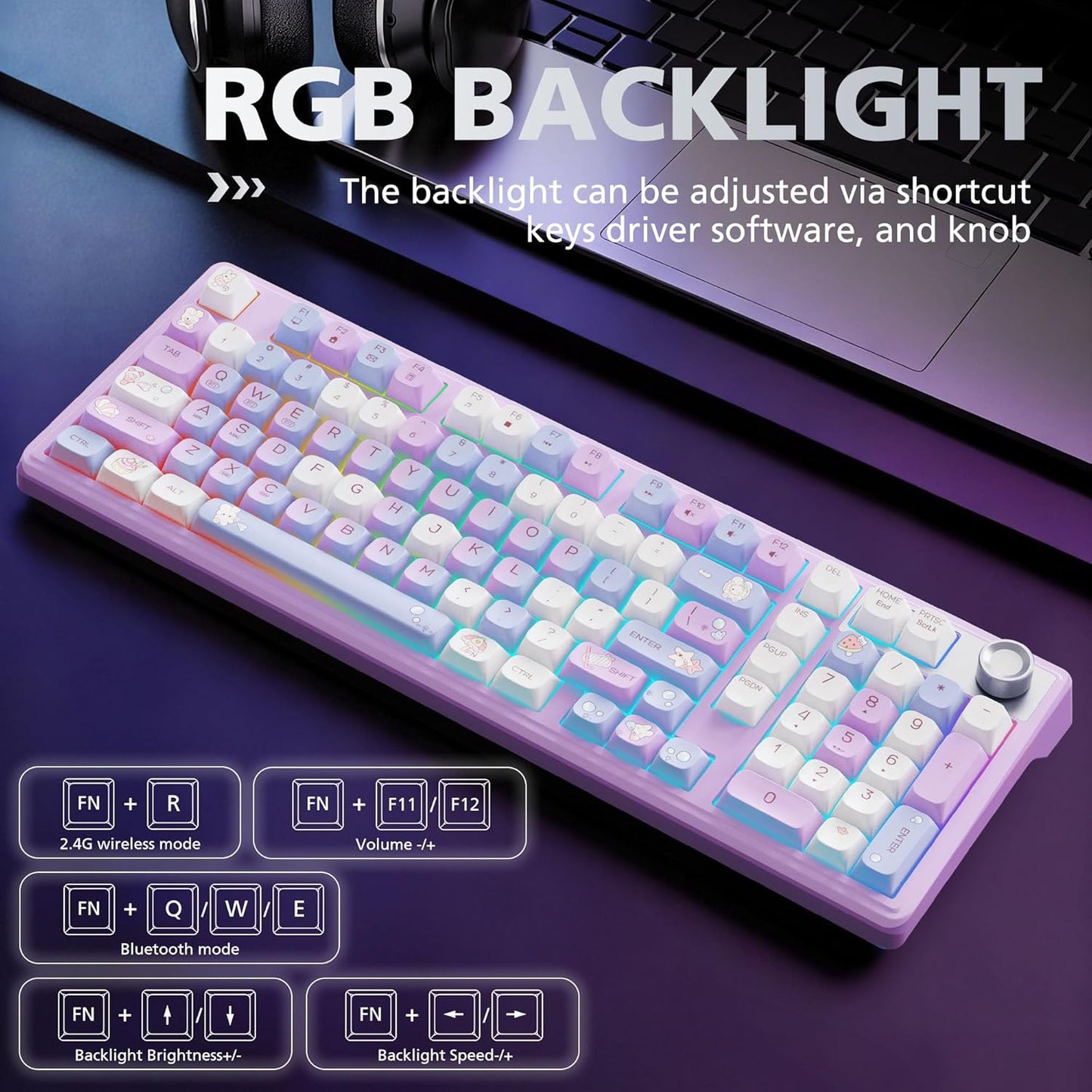 F98 Creamy Keyboard with Number pad, Hot Swappable Wireless Mechanical Keyboard with Knob, RGB Backlit Thocky Pink Keyboard BT 5.0/2.4G/USB-C for Mac, Laptop, PC Gaming Keyboard