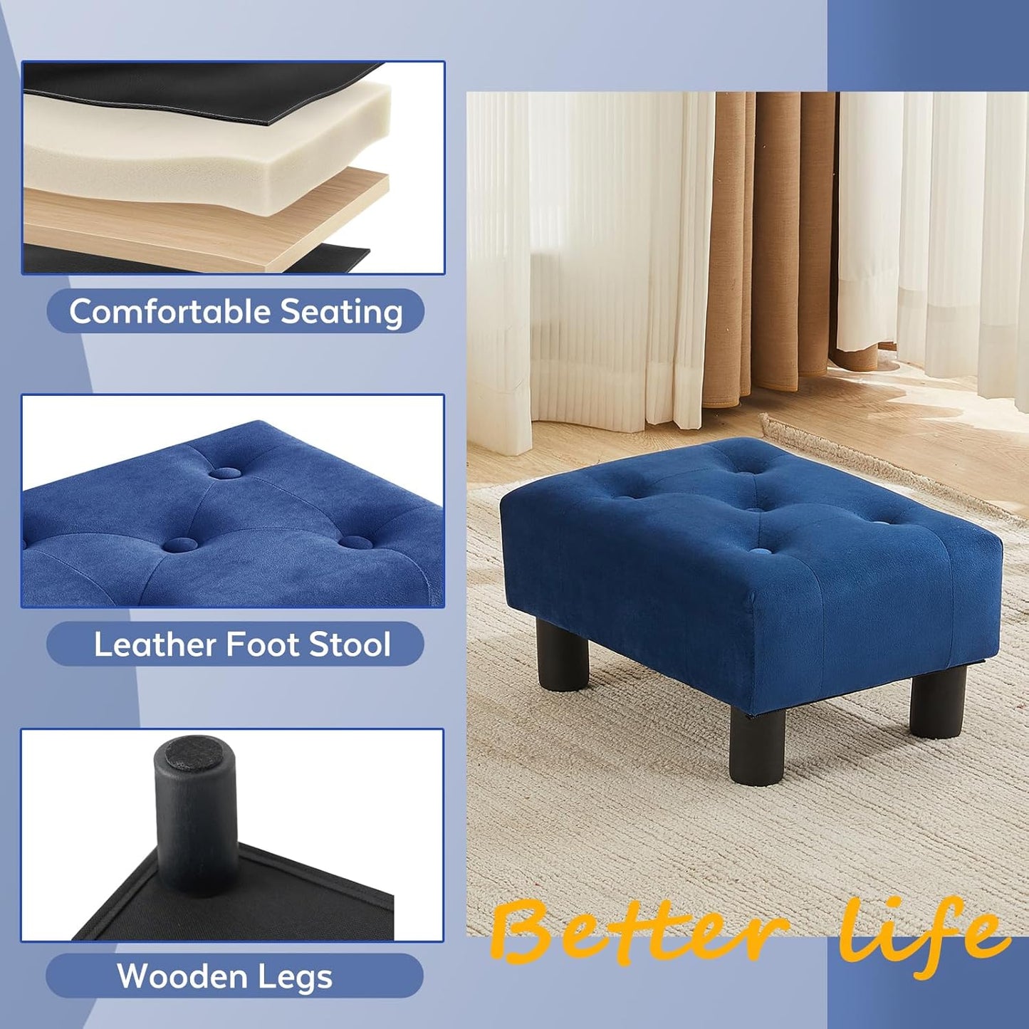 Small Foot Stool Ottoman, Velvet Footstool Ottoman Foot Rest for Couch, Rectangle Footstools and Ottomans Small for Living Room, Entryway and Bedroom (Blue)