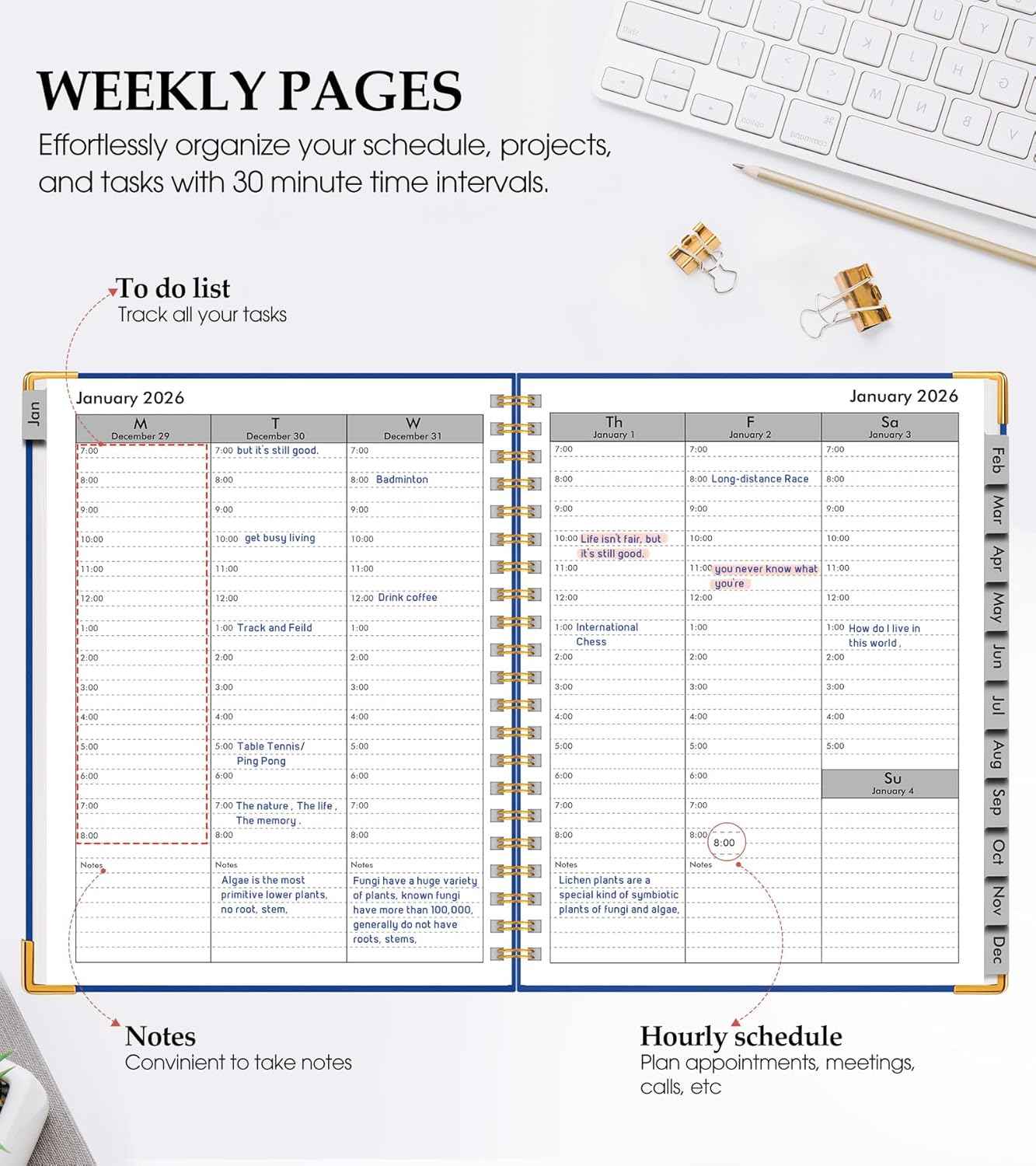 2026 Planner, Weekly and Monthly Calendar Planner from January 2026 - December 2026, 8.5" x 11" Hardcover Leather Hourly Appointment Book with Tabs, Spiral Daily Planners for College School Work Home, Navy