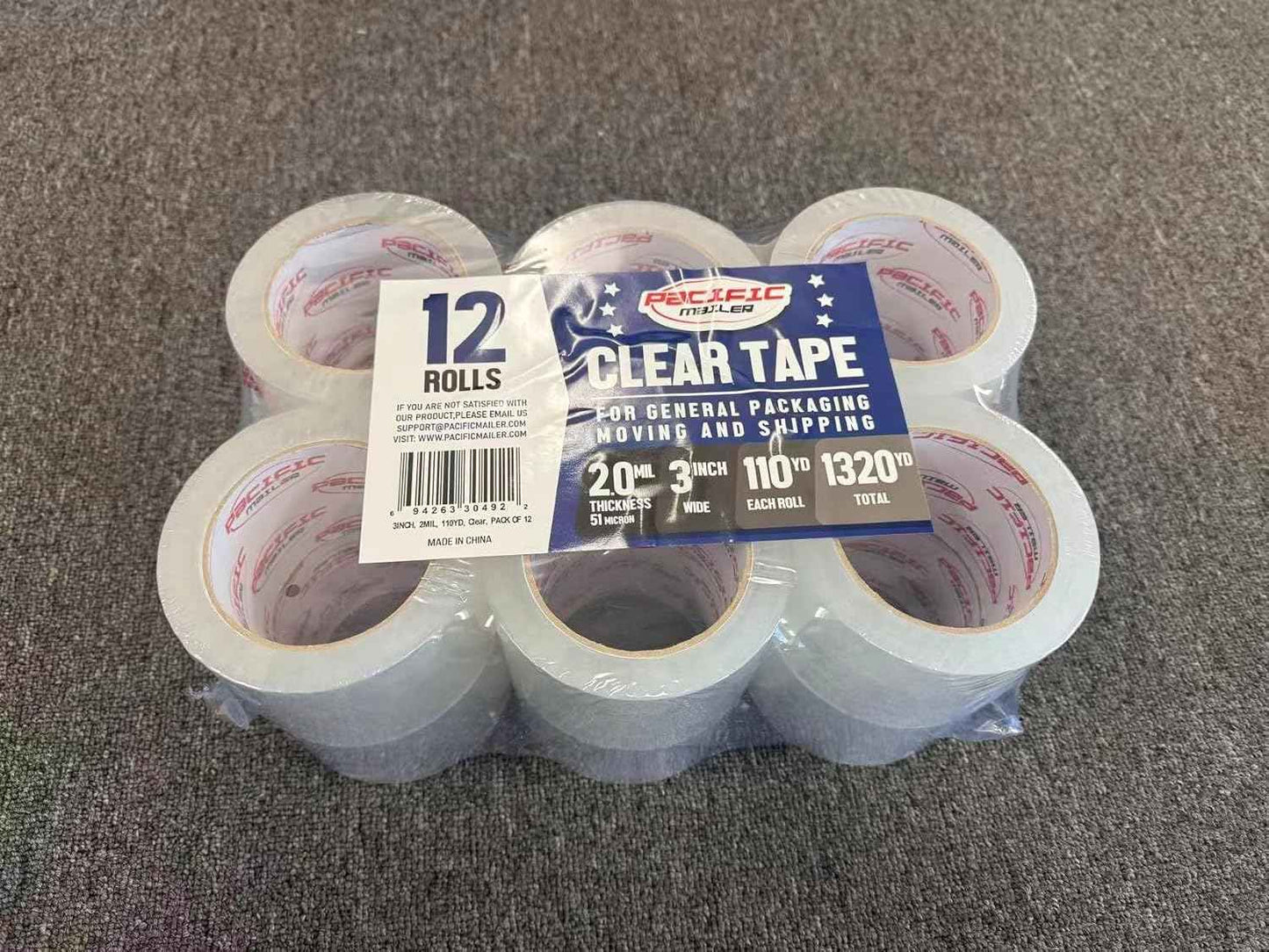Pacific Mailer Clear Packing Tape, Packaging Tape for Shipping Packaging Moving Sealing, 3 Inch Wide, 2.0mil Thickness, 110 Yard Per Roll [Pack of 12 Rolls]