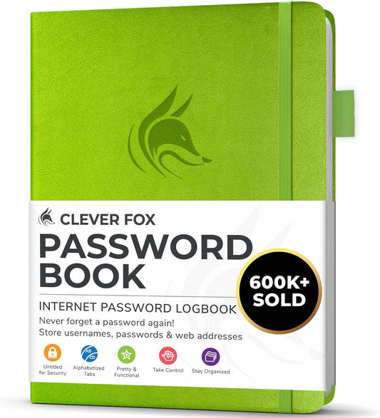 Clever Fox Password Book with alphabetical tabs. Internet Address Organizer Logbook. Small Pocket Password Keeper for Website Logins (Green)