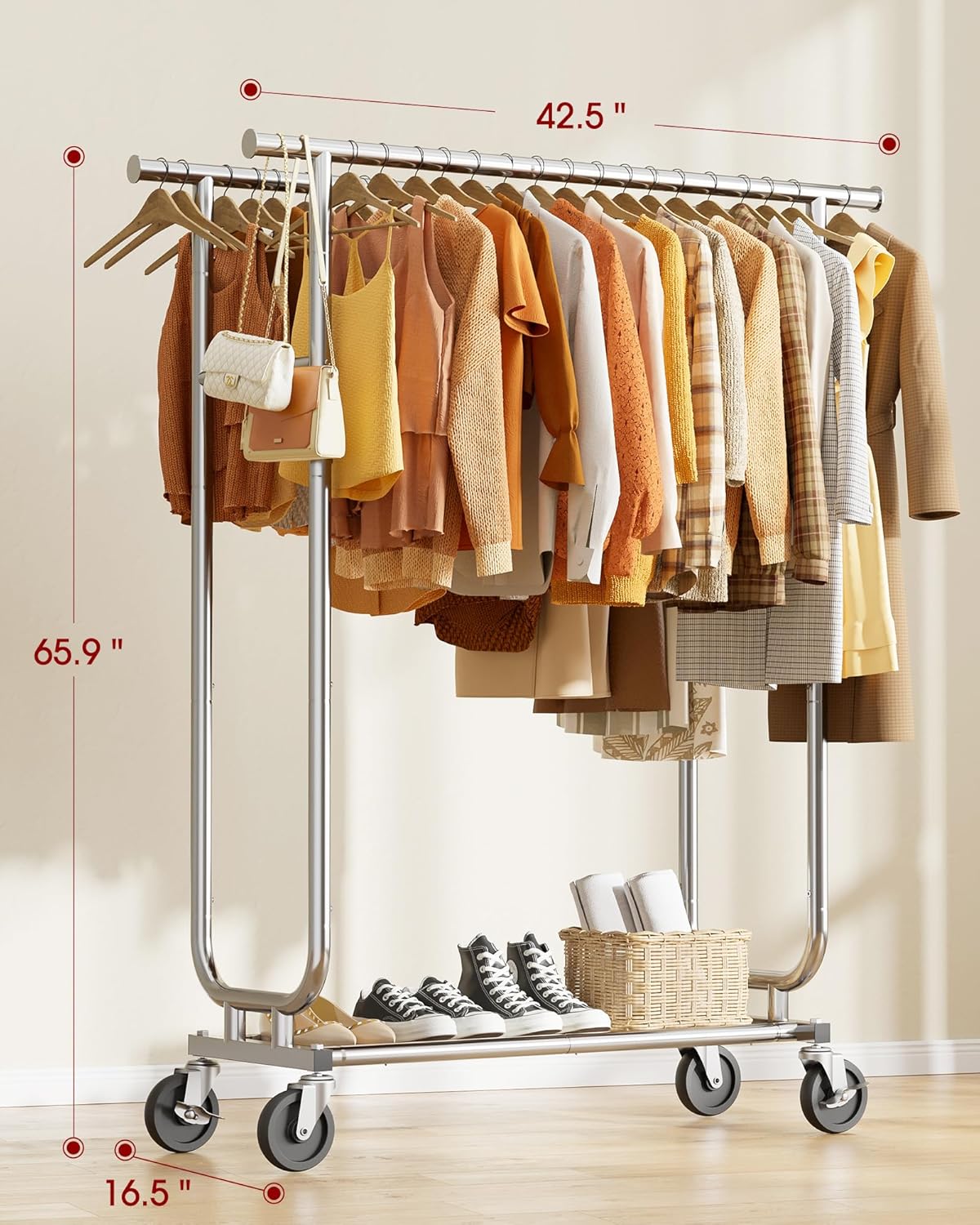 Heavy-Duty Clothes Rack - Double-Rod Stainless Steel Garment Rack with 4-inch Lockable Wheels, Clothing Racks for Hanging Clothes in Bedroom, Laundry Room, 43.3"×16.5"×61.0", Silver - Lumora Desk