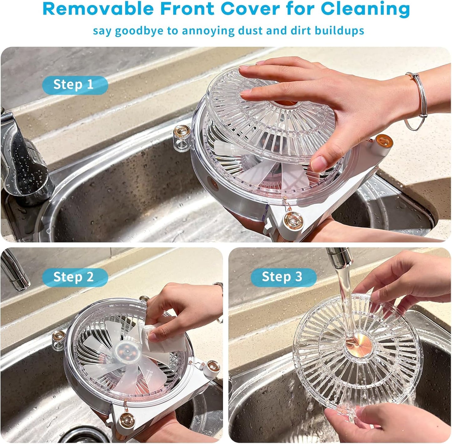 Desktop Fan - Transparent and Stylish Design, 3 Speeds Adjustable, Quiet Portable Fan Can be Flipped 360°,USB Desk Fan for Office, Bedroom, Home, Kitchen, Camping