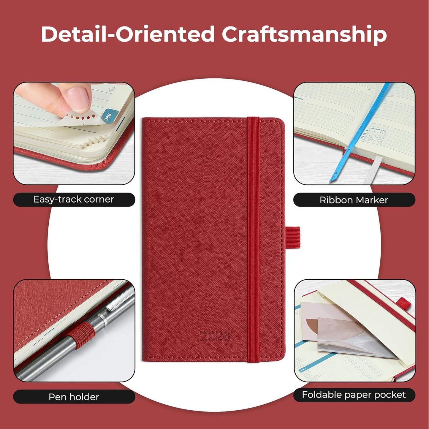 Weekly Monthly 2026 Planner (Jan.26-Dec.26),6.5"x3.75",12 Months Agenda Plan with Month Tabs & Pocket,Expenses/Note Pages, Appointment Book Calendar with Hardcover Vegan Leather Cover,Red