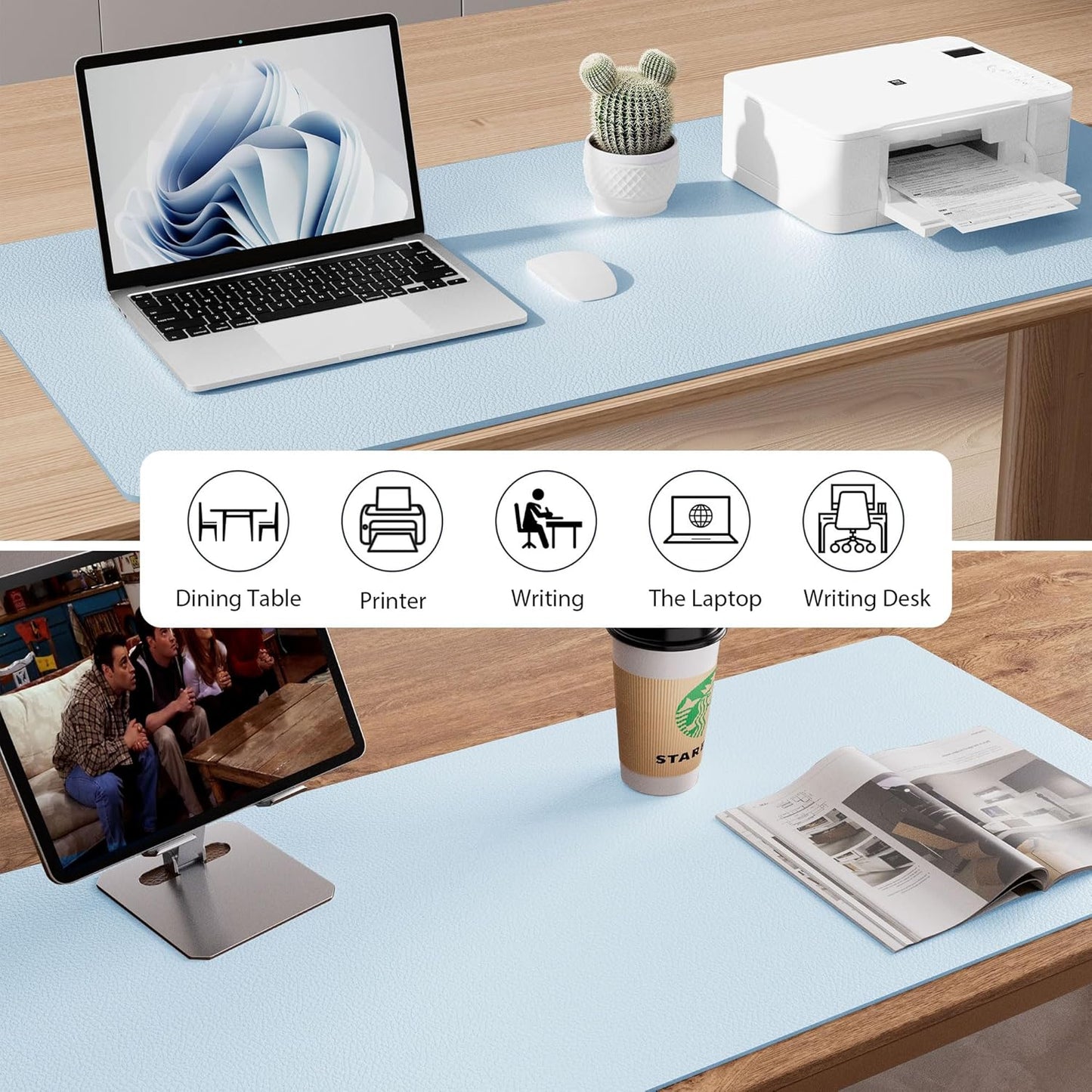 Aothia Leather Desk Pad Protector, Mouse Pad, Office Desk Mat, Non-Slip PU Leather Desk Blotter, Laptop Desk Pad, Waterproof Desk Writing Pad for Office and Home (36" x 17", Baby Blue)