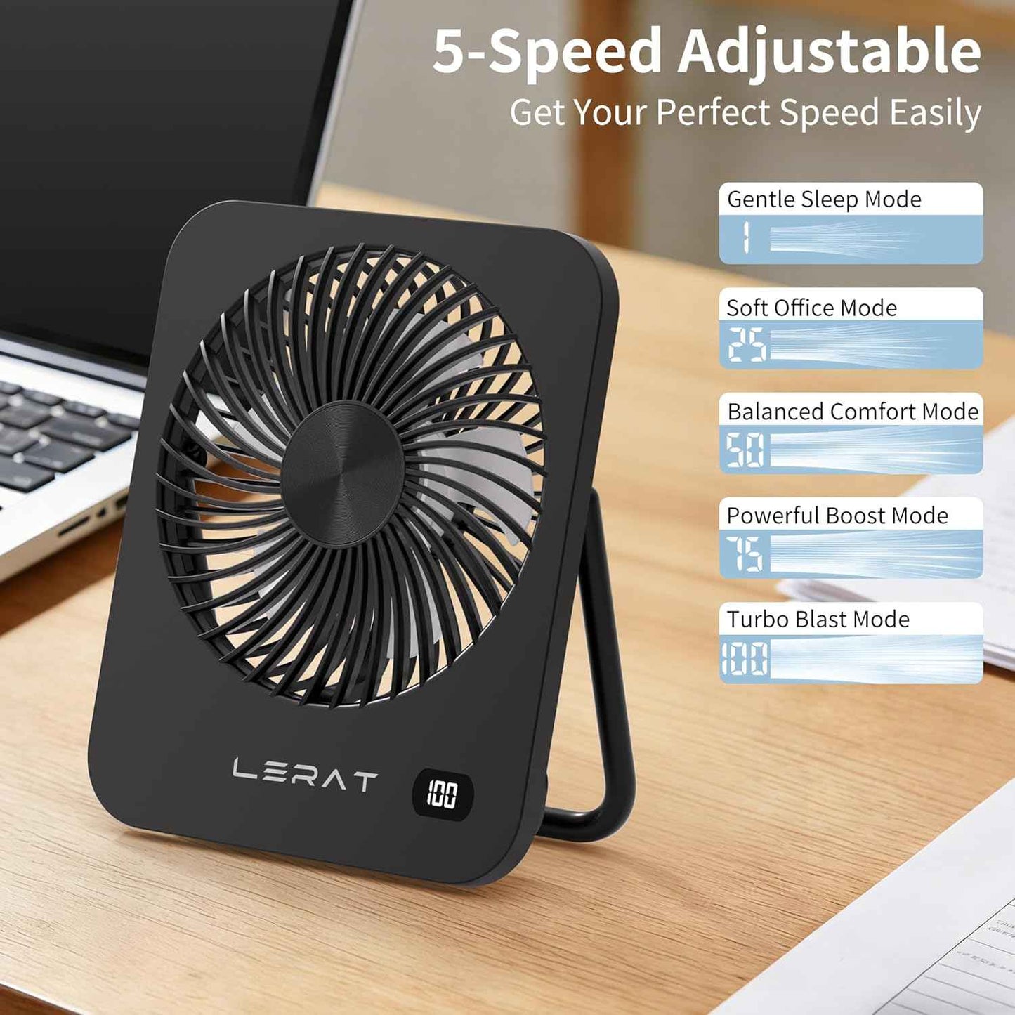 Lerat Portable Desk Fan, Small USB Rechargeable Fan with LED Display, 5-Speed Ultra-Quiet 180° Foldable Mini Fan for Summer Cruise Travel, Cooling Gifts for Women Girls Kids (Black)