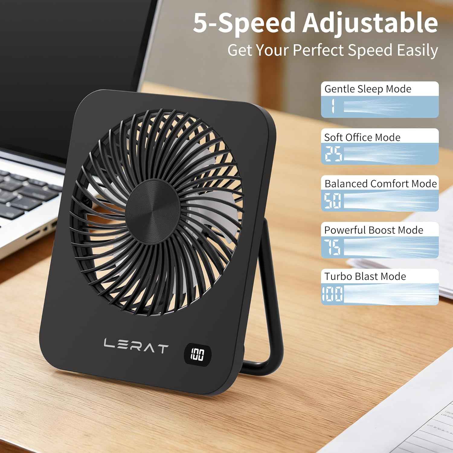 Lerat Portable Desk Fan, Small USB Rechargeable Fan with LED Display, 5-Speed Ultra-Quiet 180° Foldable Mini Fan for Summer Cruise Travel, Cooling Gifts for Women Girls Kids (Black)