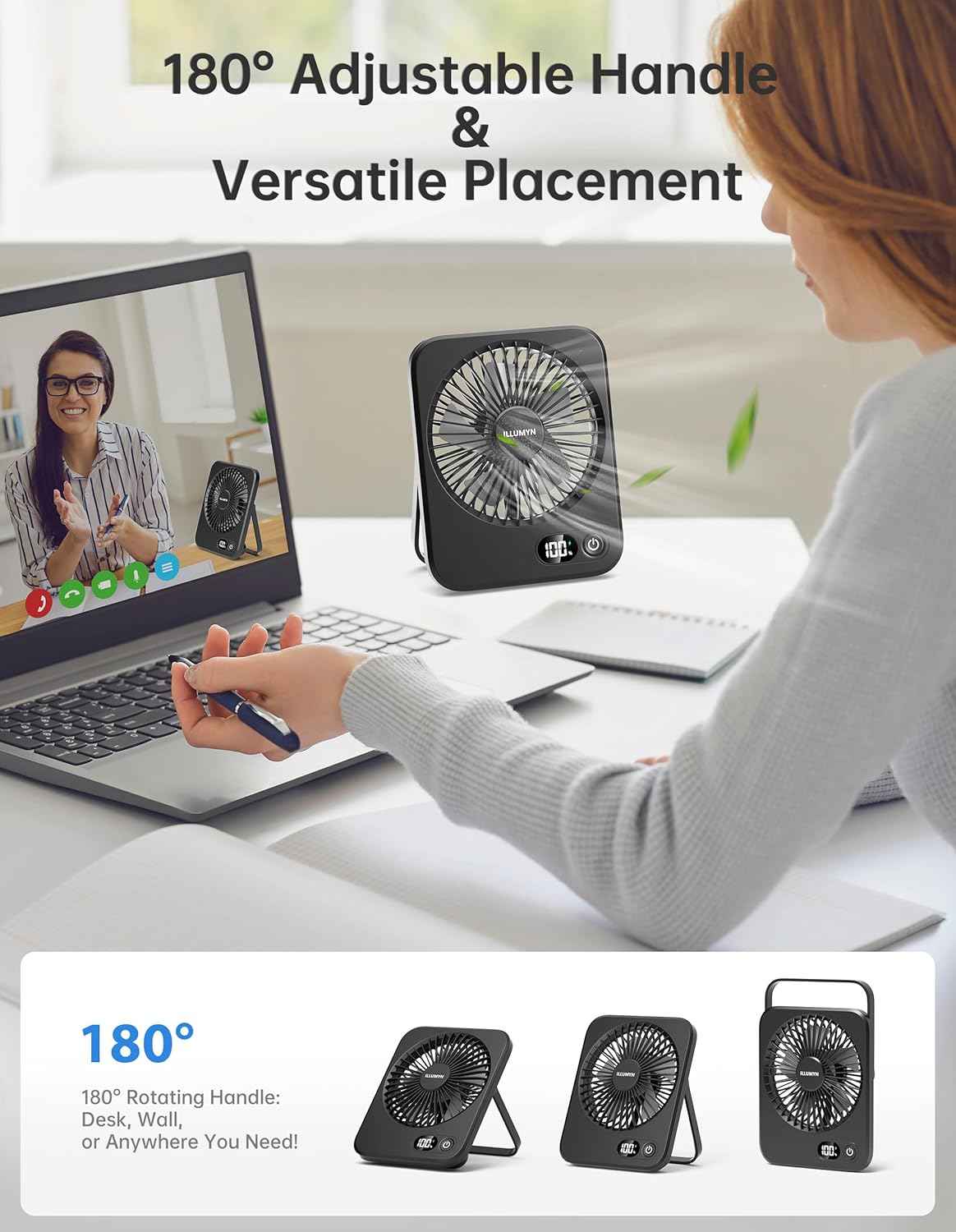 Desk Fan Rechargeable, Portable Battery Desk Fan for Office Bedroom Bedside, Ultra Silent USB Fan with Strong Airflow, Tilt Folding Fan for Travel, 5-Speed with 2600mAh Battery & LCD Display