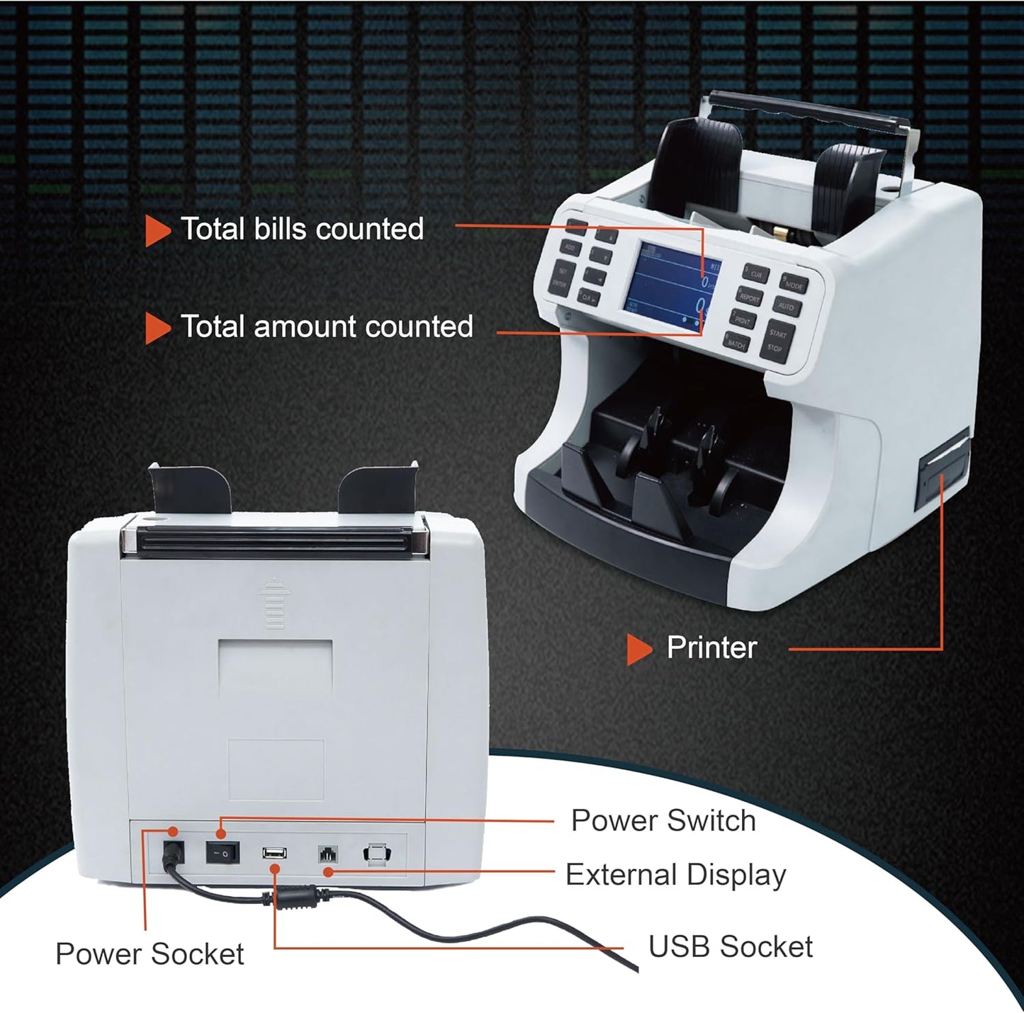 H-8700 Bank Grade Mixed Denomination Money Counter Machine, IMG/WL/UV/MG/IR/DD Counterfeit Detection, Bill Counter, Currecny Cash Counter, 3.5inch TFT Disaplay, Built-in Printer