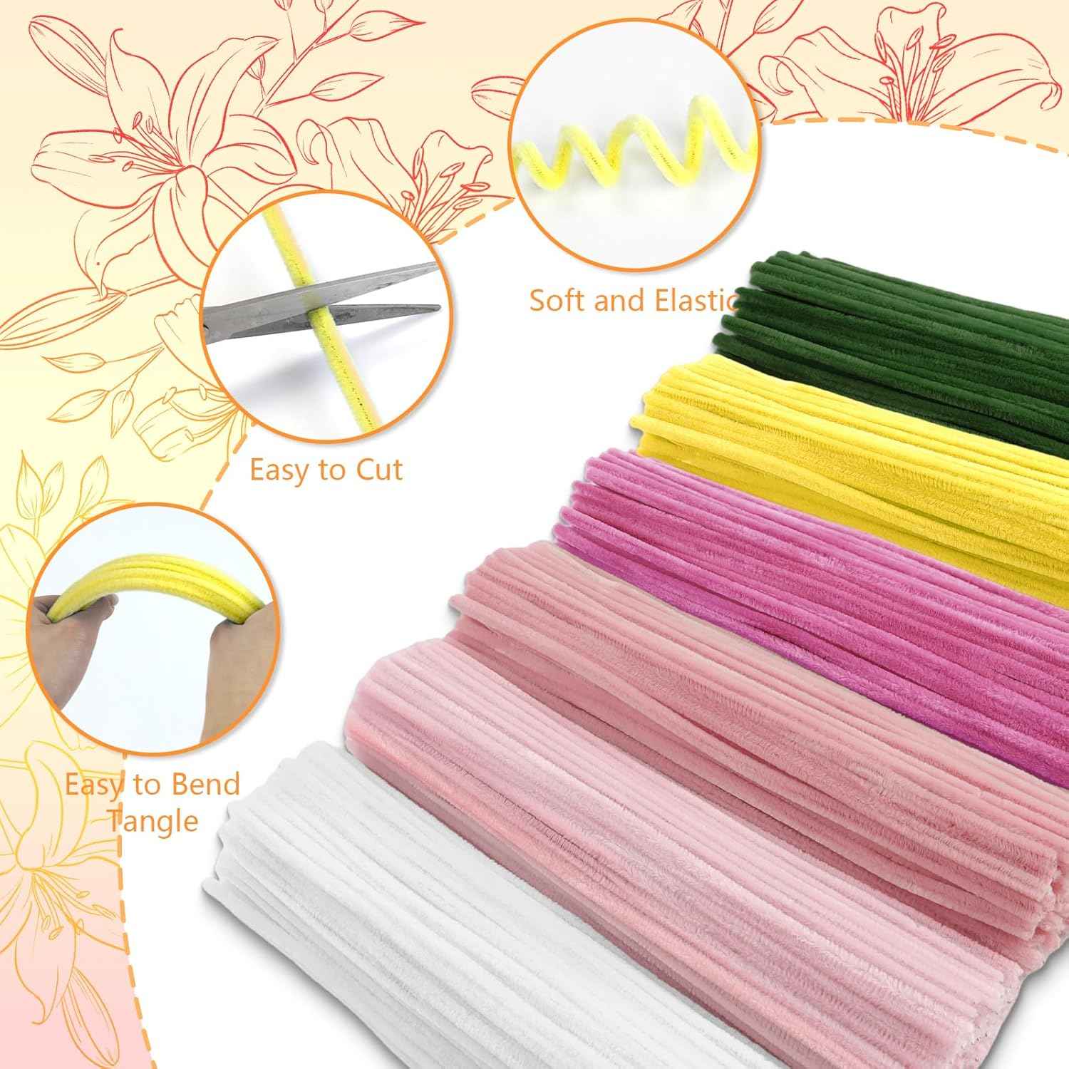 400 Pcs Pipe Cleaners Craft,6 Assorted Colors Pipe Cleaners Bulk, Chenille Stems for DIY Flower Making Kit with Floral Wires, Gardening Tape,Stamen& Ribbon (Pink Flower)