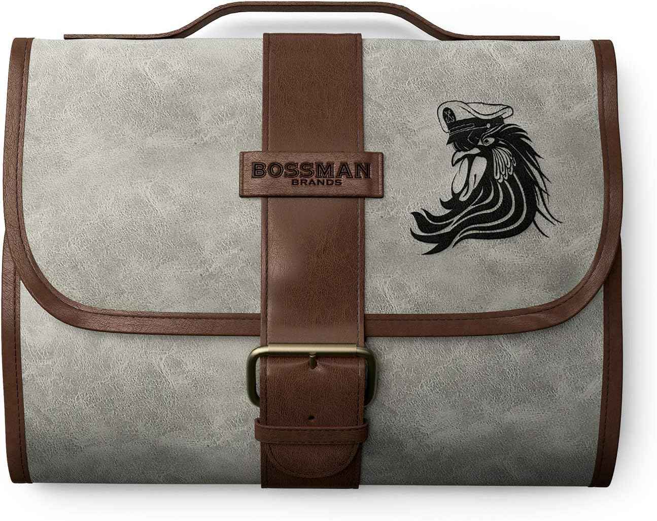 Bossman PU Leather Toiletry Bag for Men - Water Resistant Toiletry Kit Mens Hanging Travel Organizer - Hand Crafted Portable Traveling Accessories