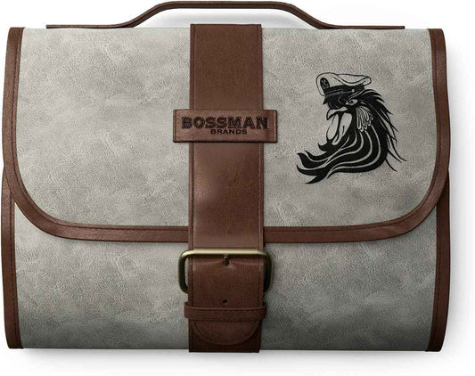 Bossman PU Leather Toiletry Bag for Men - Water Resistant Toiletry Kit Mens Hanging Travel Organizer - Hand Crafted Portable Traveling Accessories
