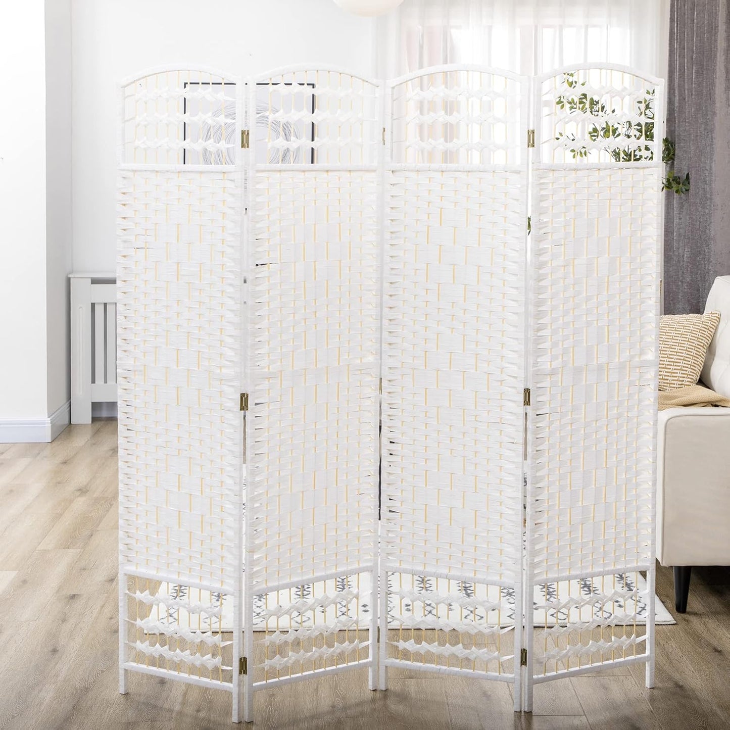 NicBex Room Divider 4 Panel Room Dividers with Woven Paper Design Partition Room Dividers and Folding Privacy Screens 5.6 FT Wall Divider for Office, Room Separation,63.6" W x 0.5" D x 67" H, White - Lumora Desk