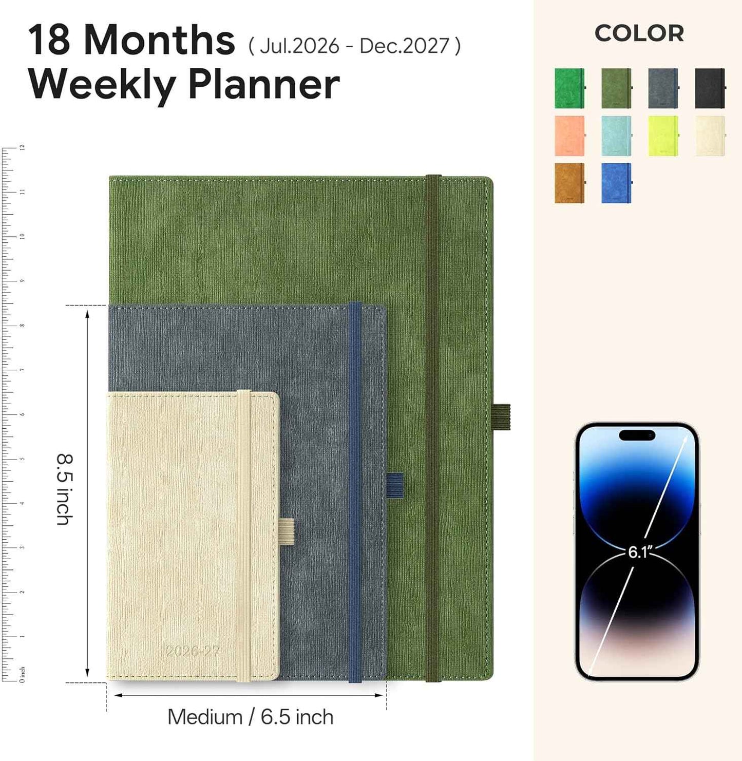 2026-2027 Weekly and Monthly Planner (July 2026–December 2027), 6.5"x8.5", Vertical Layout, 18 Months Agenda with Month Tabs & Pocket, Academic Calendar with Vegan Leather Cover,Olive Green