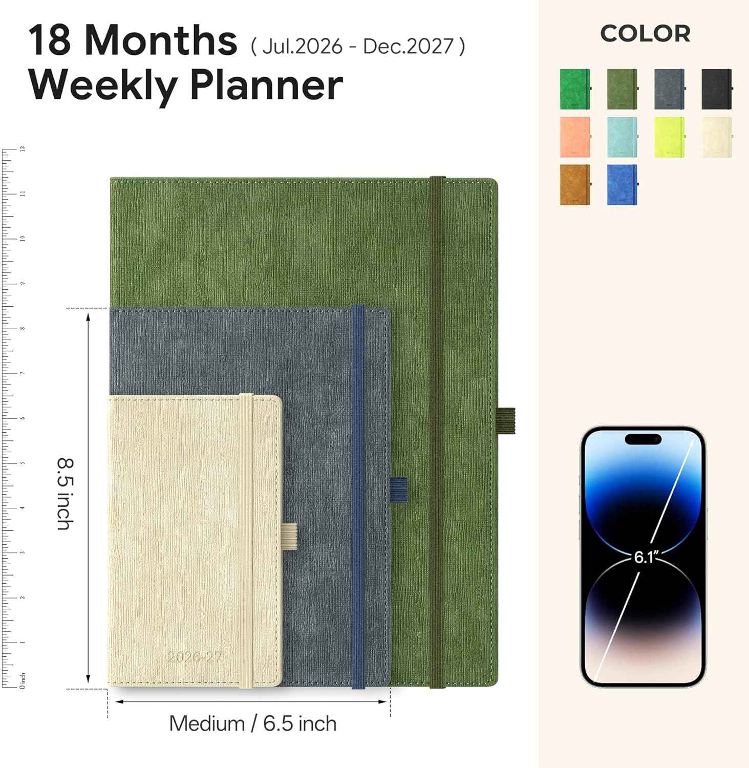 2026-2027 Weekly and Monthly Planner (July 2026–December 2027), 6.5"x8.5", Vertical Layout, 18 Months Agenda with Month Tabs & Pocket, Academic Calendar with Vegan Leather Cover,Olive Green