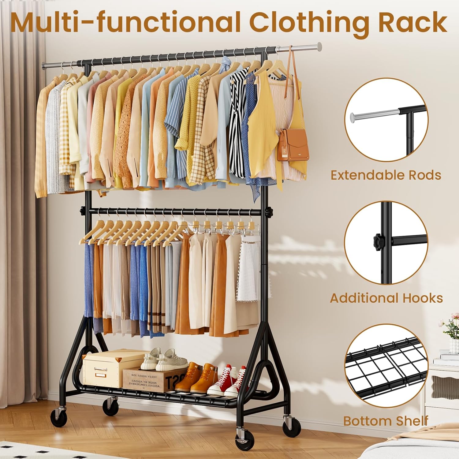 Double Rods Clothing Rack, Heavy Duty Clothes Rack for Hanging Clothes Load 560LBS, Metal Rolling Garment Racks with Wheels, Freestanding Clothes Hanging Racks, Black - Lumora Desk