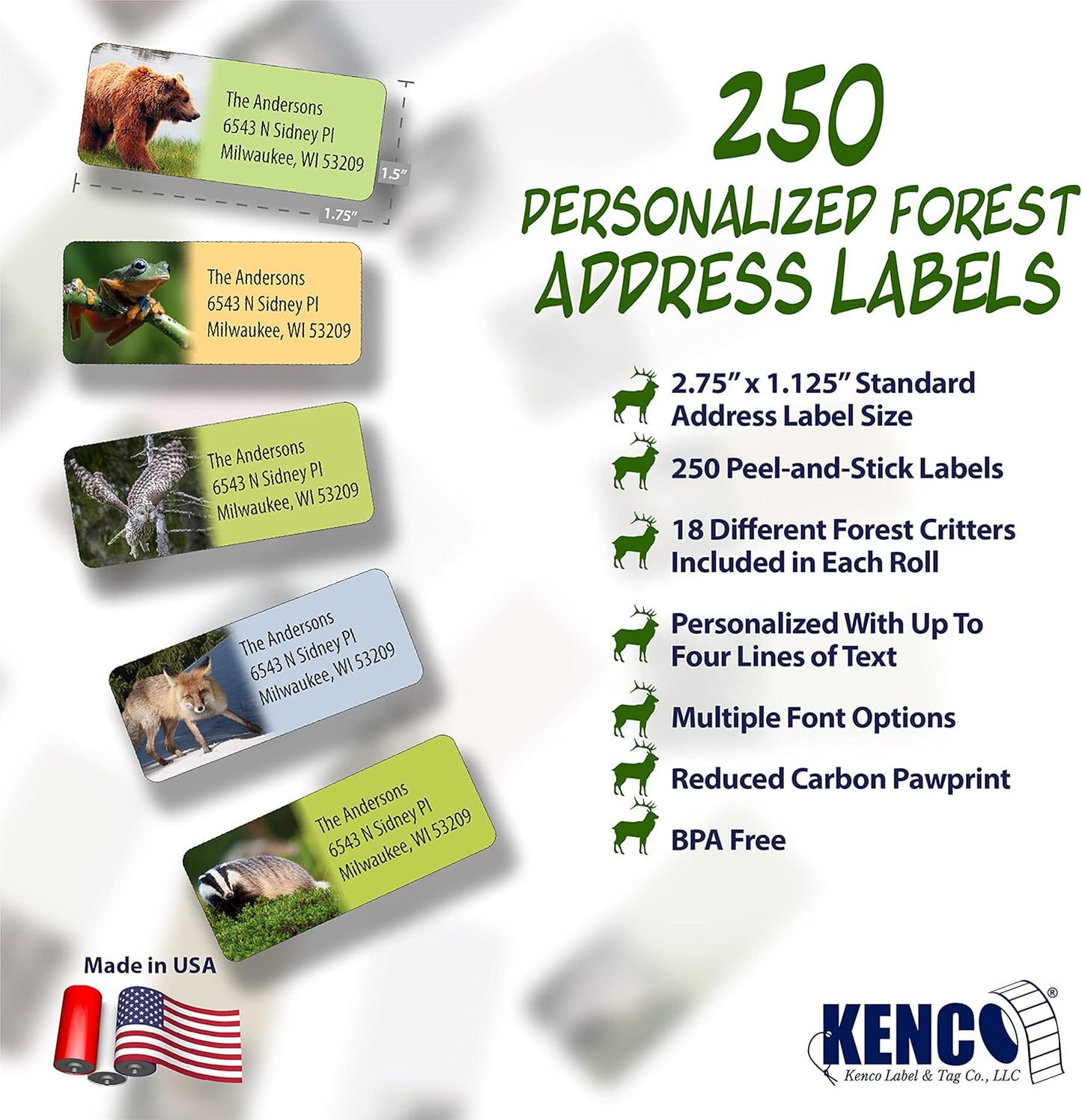 Customized Personalized Address Labels - Made in The USA by Kenco (250 Labels, Forest Wildlife) - Lumora Desk