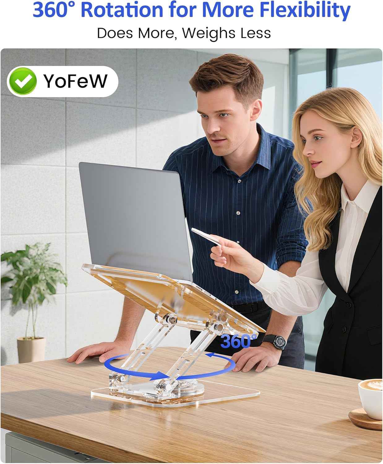 Laptop Stand for Desk - Adjustable, Foldable Clear Acrylic Riser with 360° Rotating Base, Ergonomic Laptop Holder for MacBook Pro/Air & 10-16” Notebooks