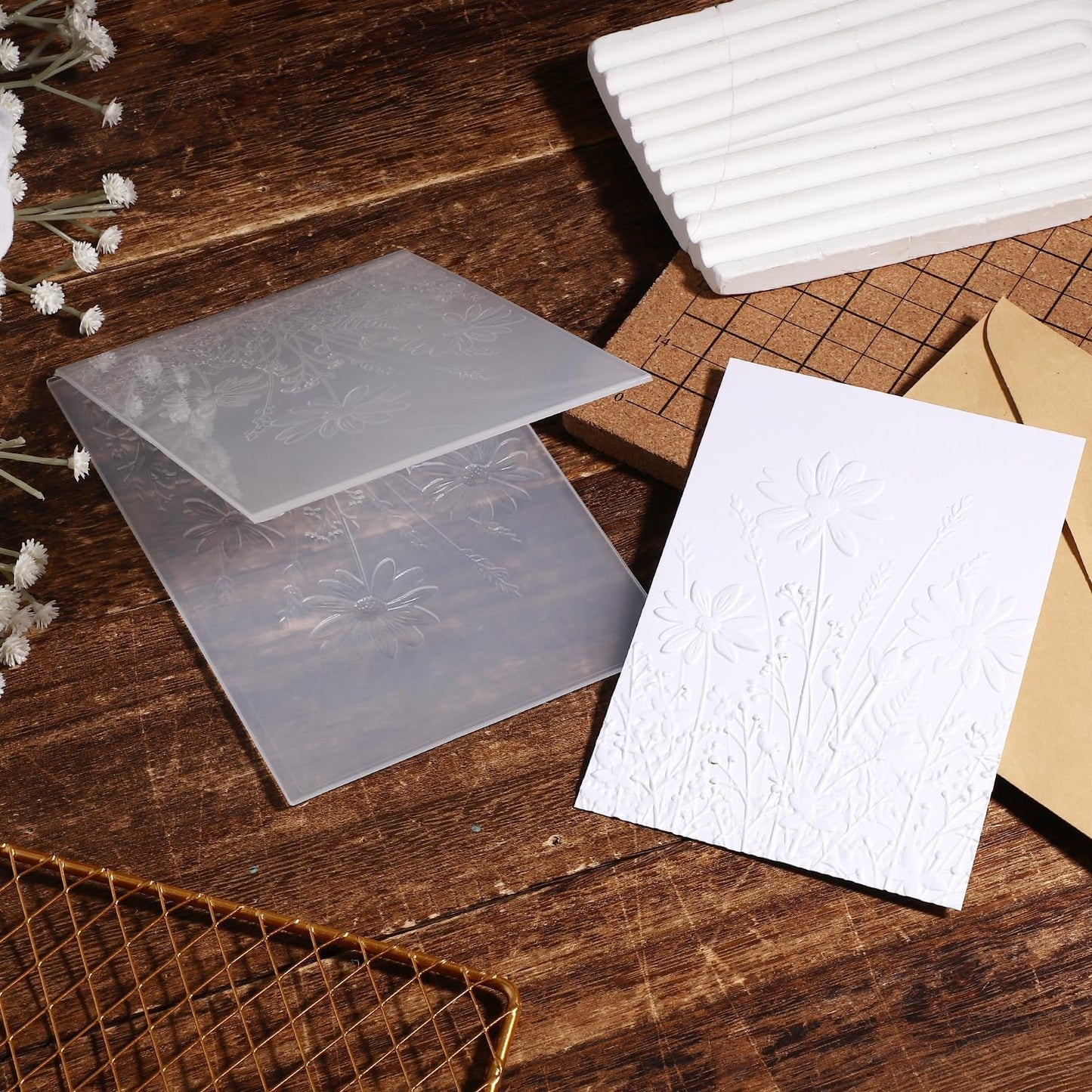 3D Embossing Folder, 5x7in Flower Leaf Background Plastic Embossing Folders for Card Making Embossed Template Plates for DIY Craft Tools Scrapbooking Paper Album Supplies